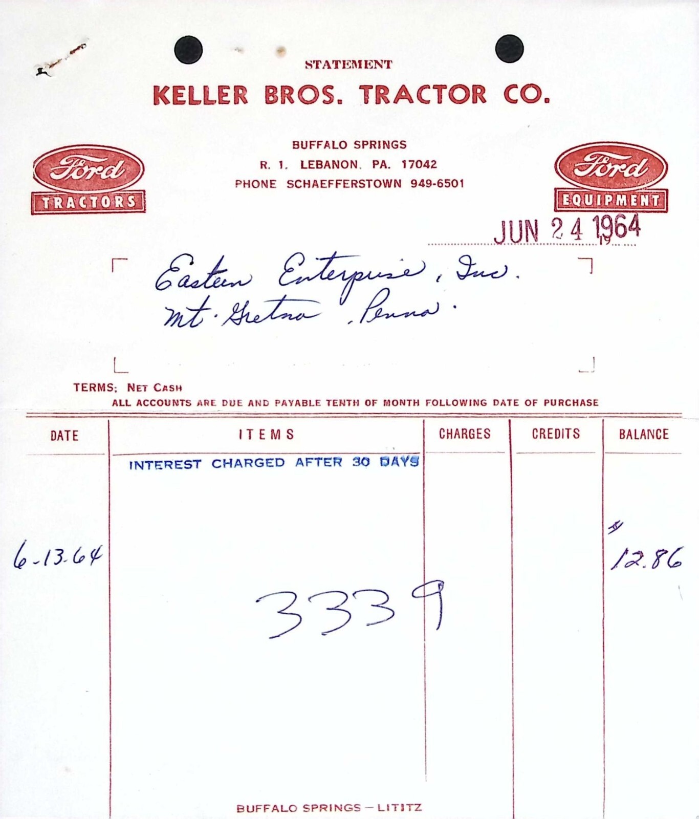 Vintage 1964 Keller Bros. Tractor Co. Statement – Ford Tractors