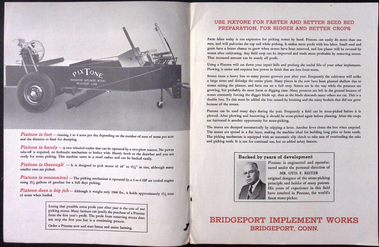 1954 Pixtone The World’s Finest Stone Picker Brochure Bridgeport Implement Works