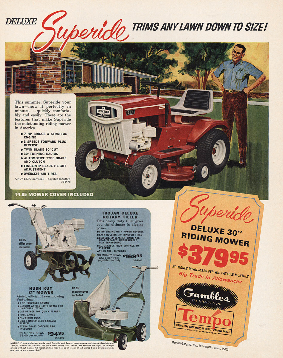 1967 Superide Riding Mower: Trim Any Lawn Down to Size Vintage Print Ad