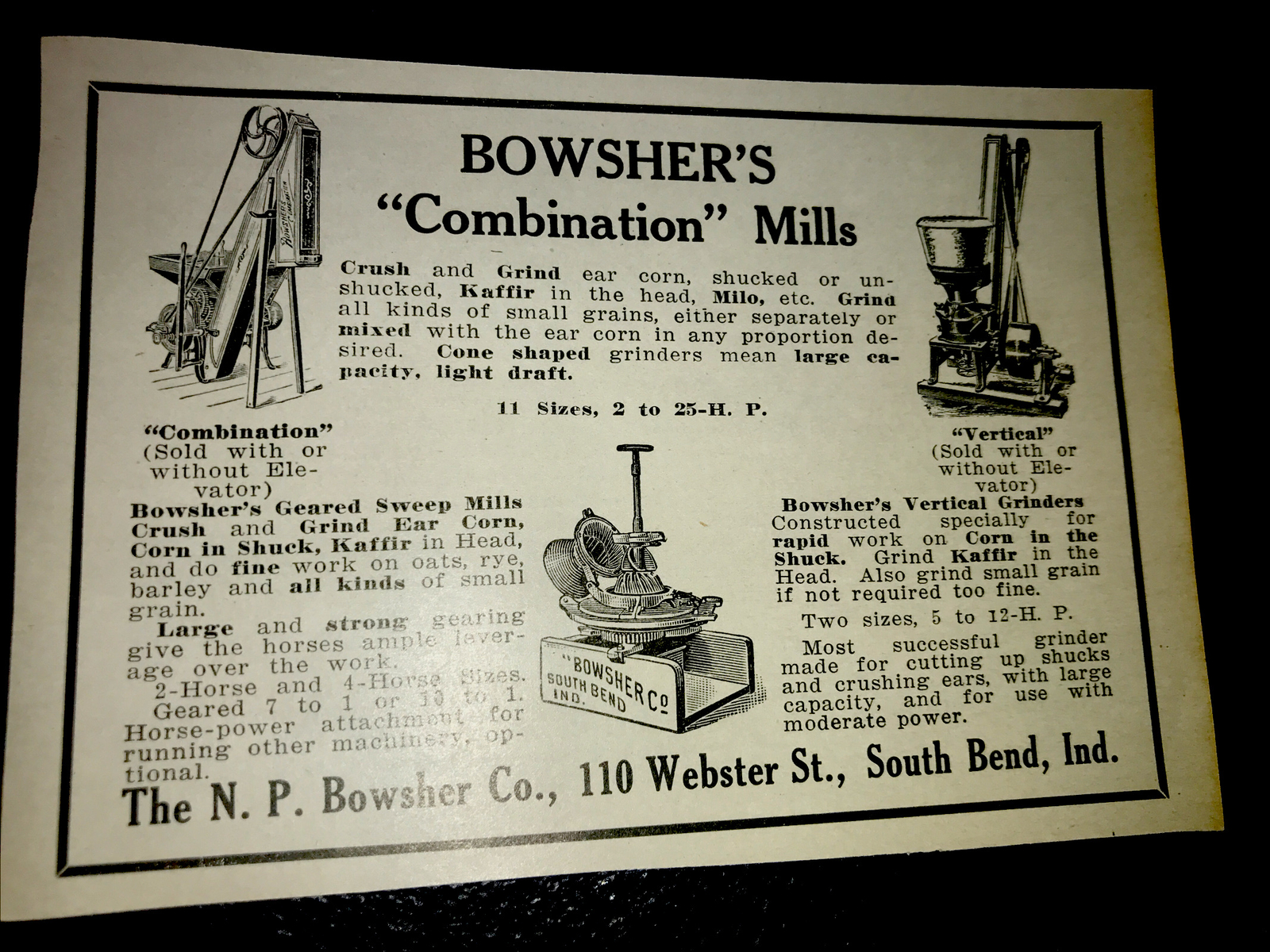 1916 Bowsher’s Combination Mills Farm Advertising – South Bend – Indiana