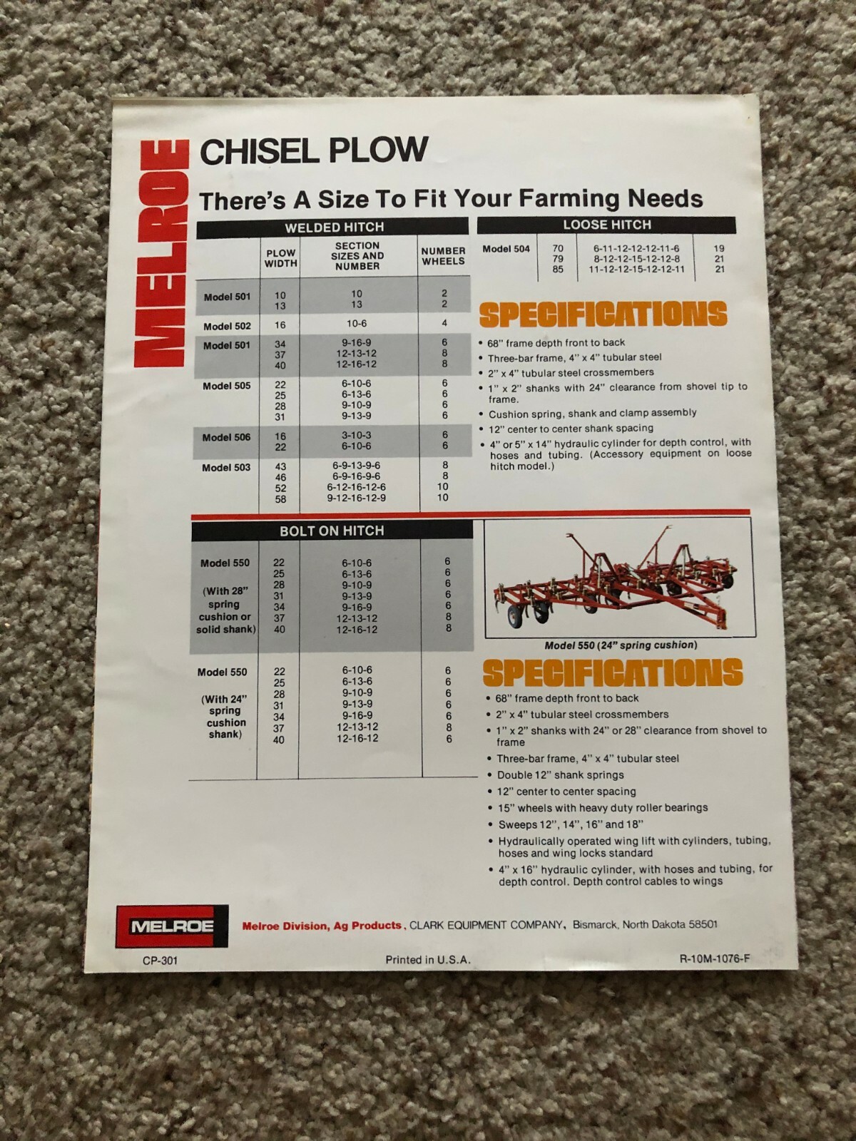 1977 Melroe Chisel plow, original sales literature.