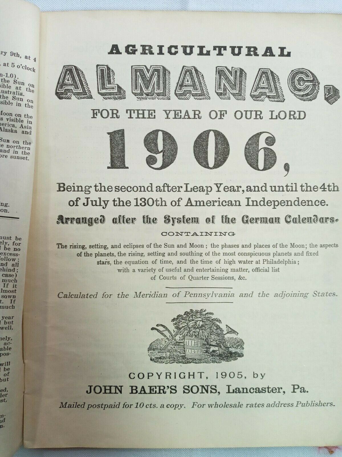 Vintage 1906 John Bear Baer’s Agricultural Almanac Lancaster, PA Antique Farmers