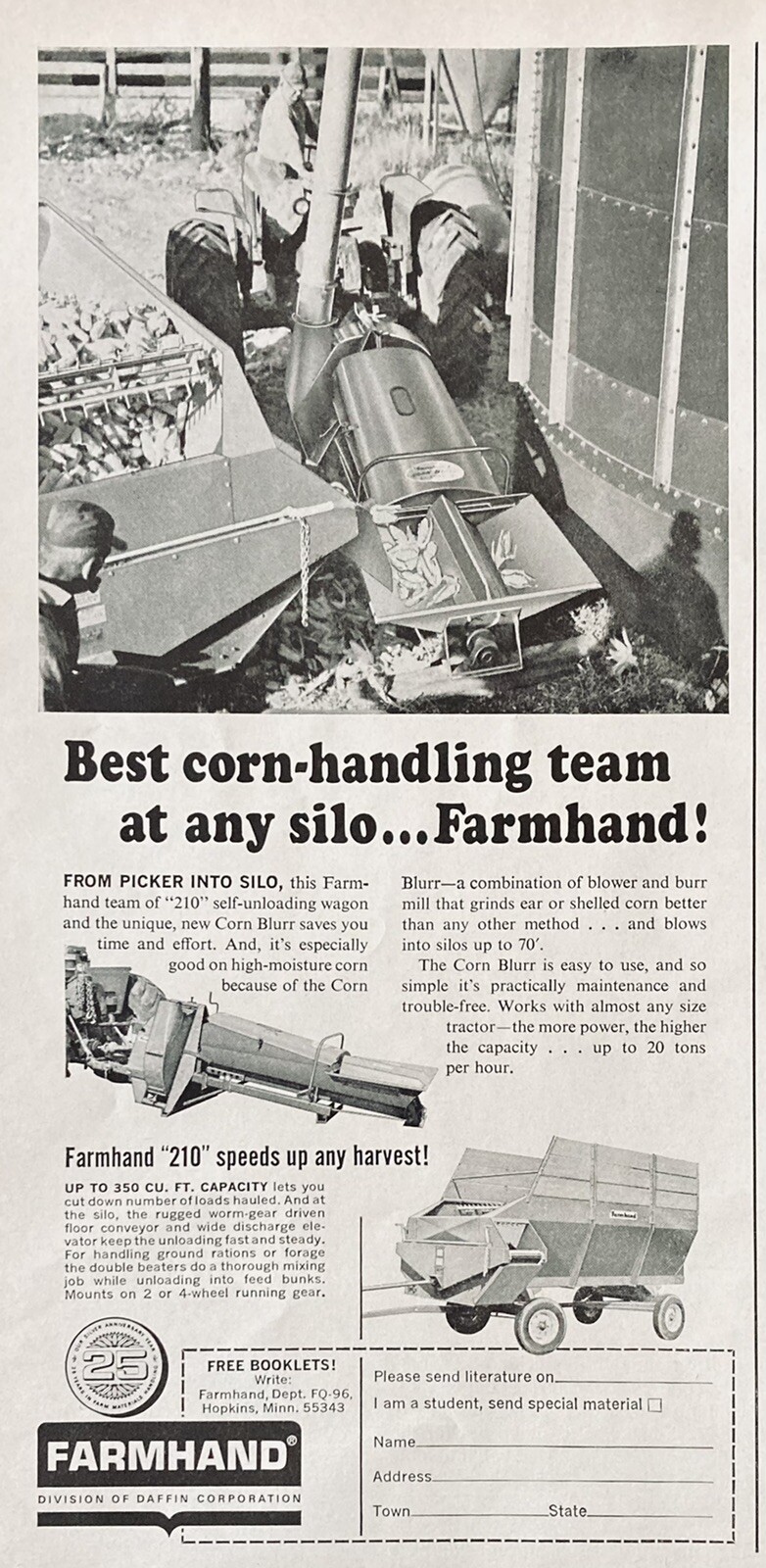1966 AD.(XH35)~FARMHAND, DAFFIN CO. HOPKINS, MINN. FARMHAND “210” CORN HANDLER