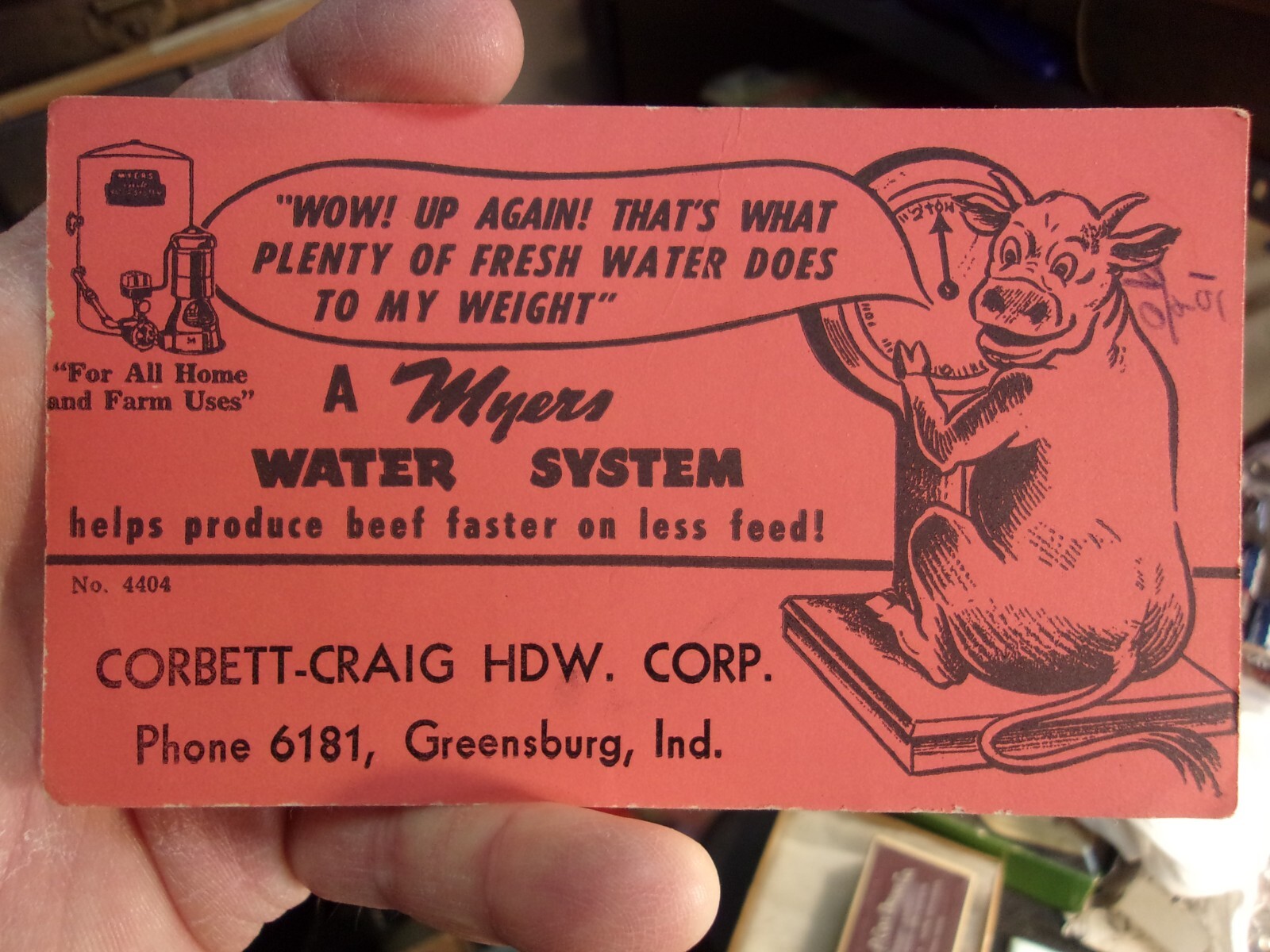 RARE OLD VTG ANTIQUE ADVERTISING CARD: MYERS WATER SYSTEM (PUT WEIGHT ON CATTLE)