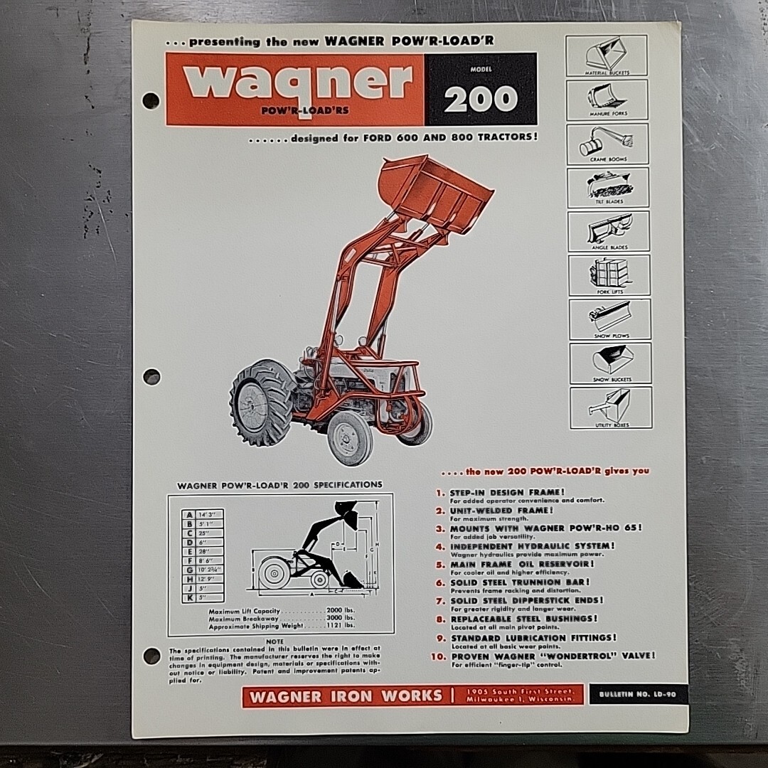 1950s WAGNER Tractor POW’R-LOAD’R Model 200 For Ford 600 800 Tractors Brochure