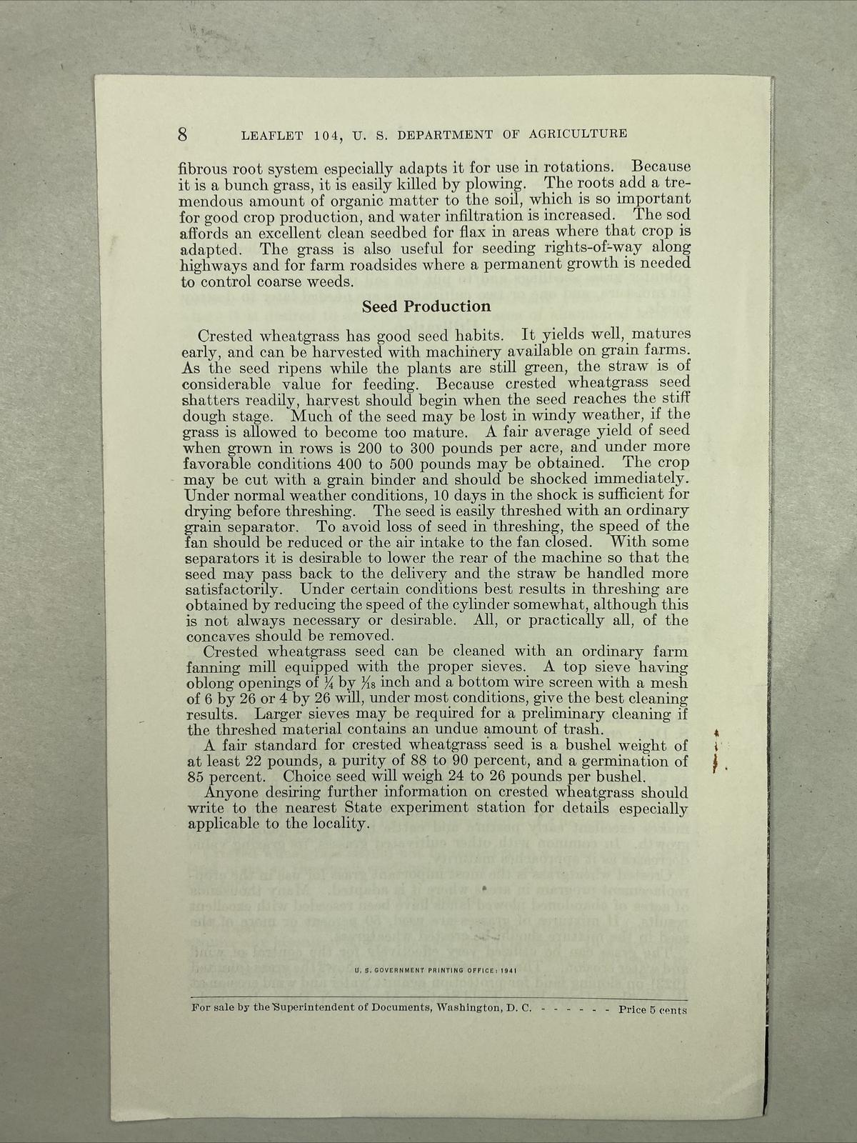 1941 USDA Farmers’ Bulletin No. 104 Crested wheat grass