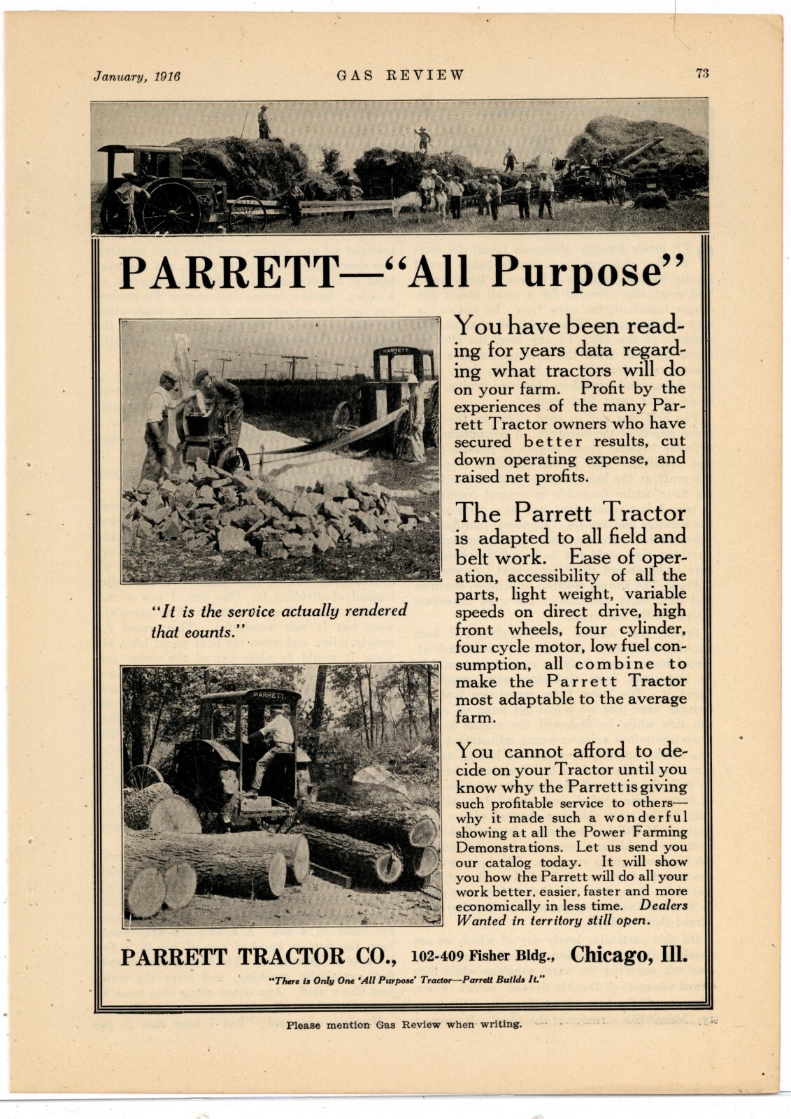 1916 Parrett Tractor Co. Ad: Threshing and Wood Cutting Scenes – Chicago, IL