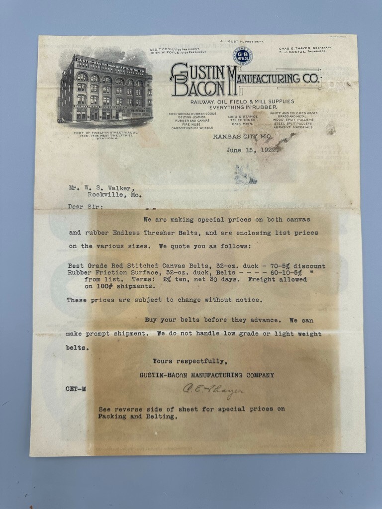 1922 Gustin Bacon FARM THRESHING Illustrated Letterhead Advertising KANSAS CITY