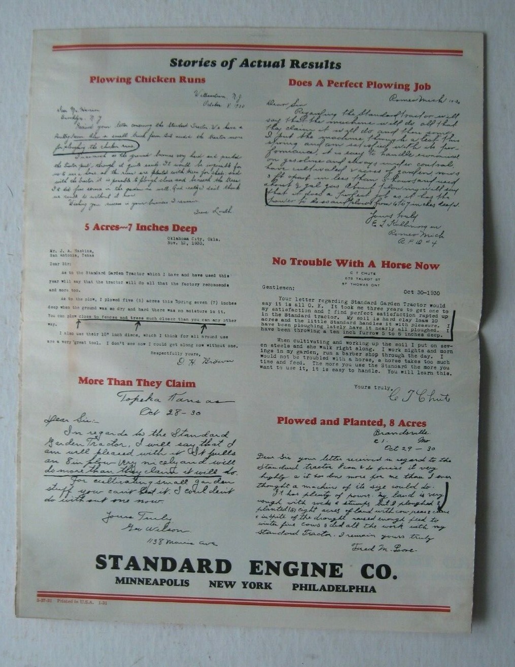 Three 1930’s Standard Engine Company, Standard Garden Tractor Farming Brochures
