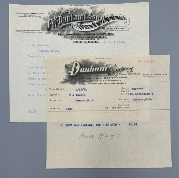 1909 Dunham ROAD ROLLER Antique FARM MACHINERY Advertising Letter BEREA Ohio
