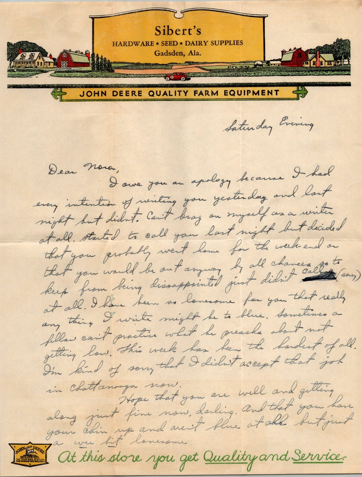 1936 John Deere Farm Equipment Sibert’s Hardware Gadsden Al Letterhead & Cover