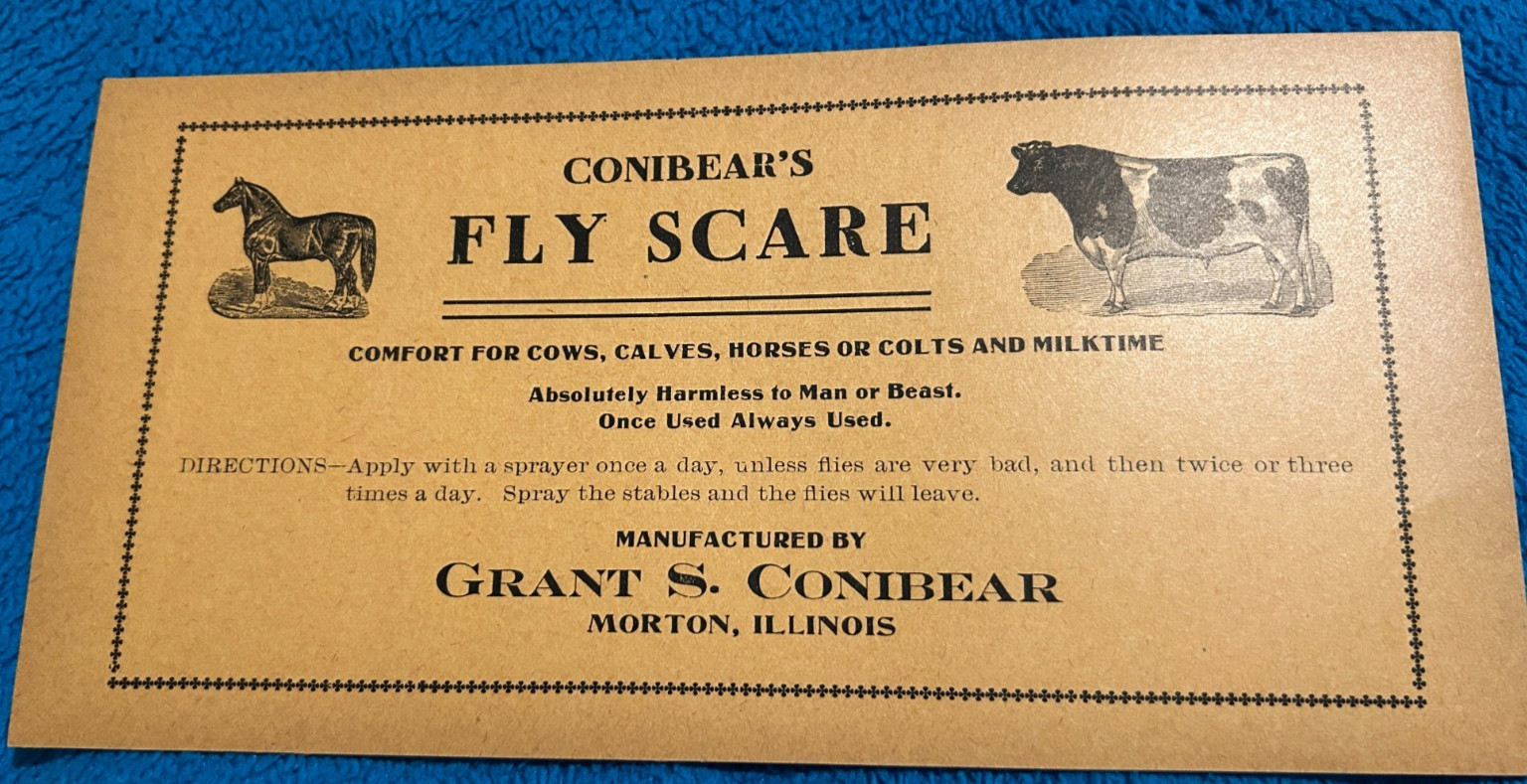 Conibear’s Fly Scare Morton Illinois For Cows Calves Horses Ad Sign Paper 10″x5″