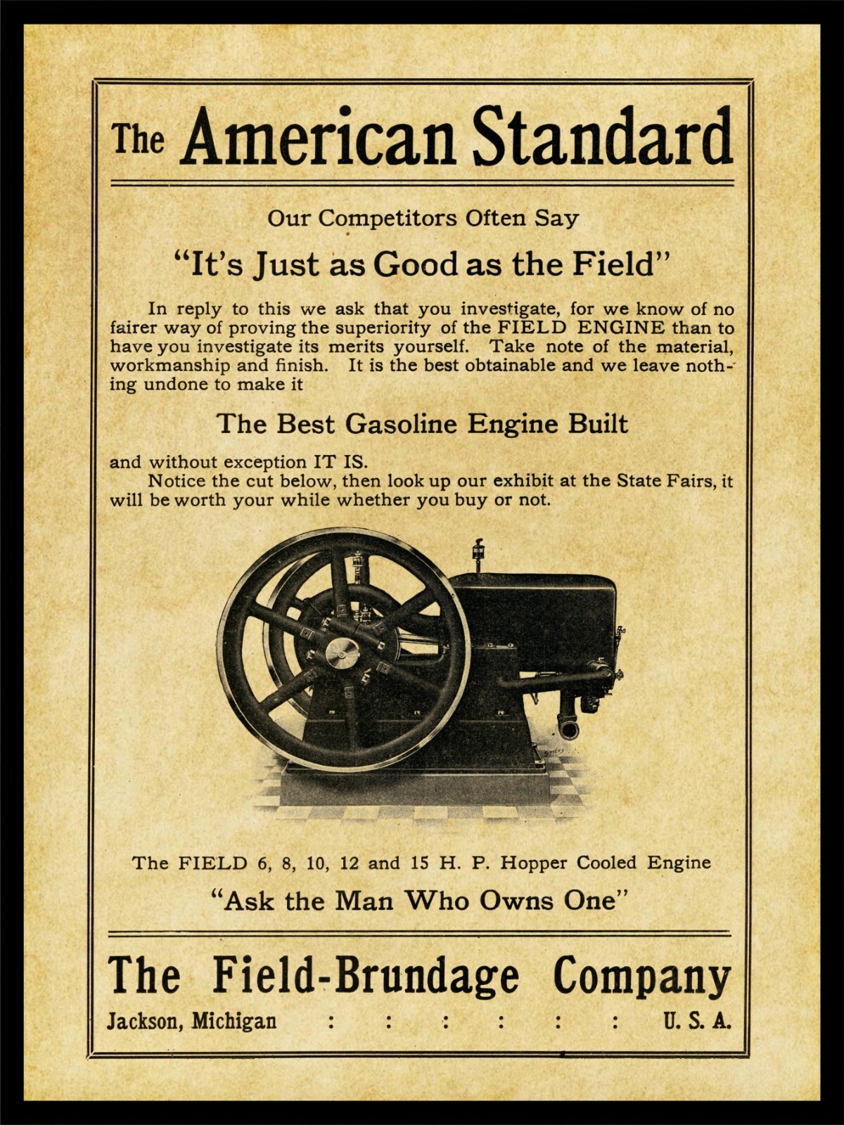 Field Brundage Gas Engines NEW Metal Sign- 24″ x 30″ USA STEEL XL Size – 7 lb