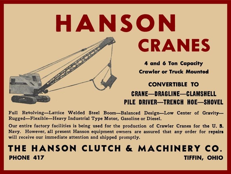1944 Hanson Clutch & Machinery Cranes Tiffin OH NEW METAL SIGN: 9×12″ Ships Free