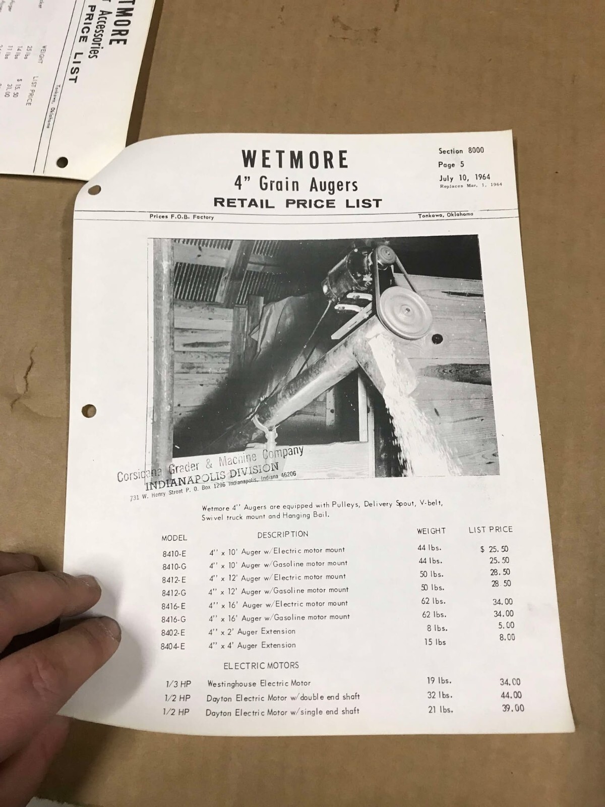 Vintage 1964 Wetmore 6″ Grain Augers Retail Price List