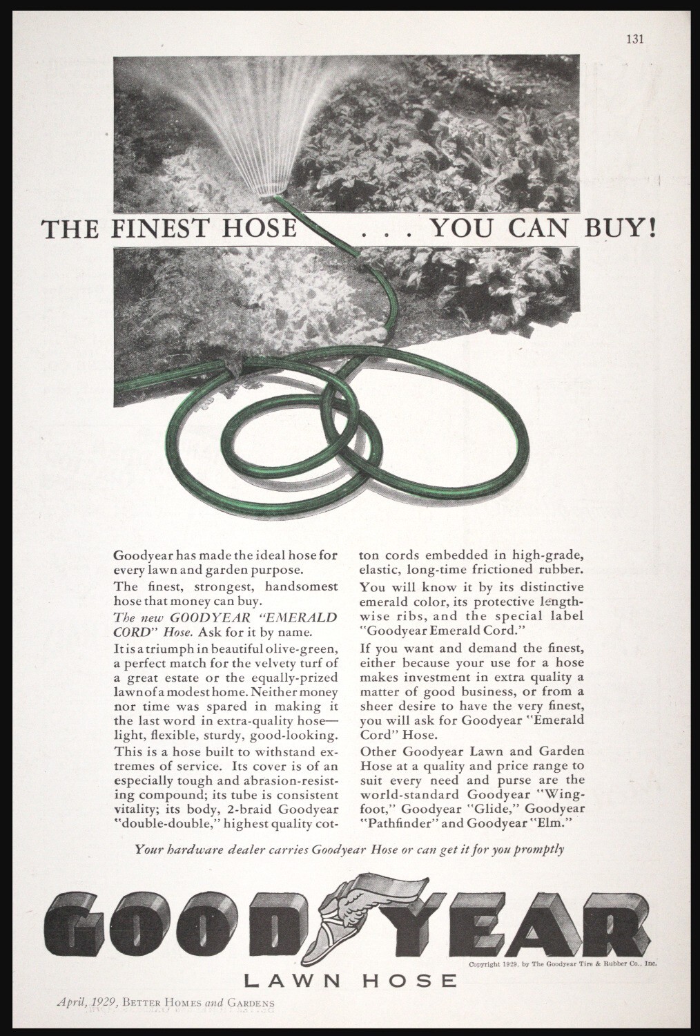 1929 GOODYEAR “Emerald Cord” Lawn Garden Hose Vtg Agriculture PRINT AD