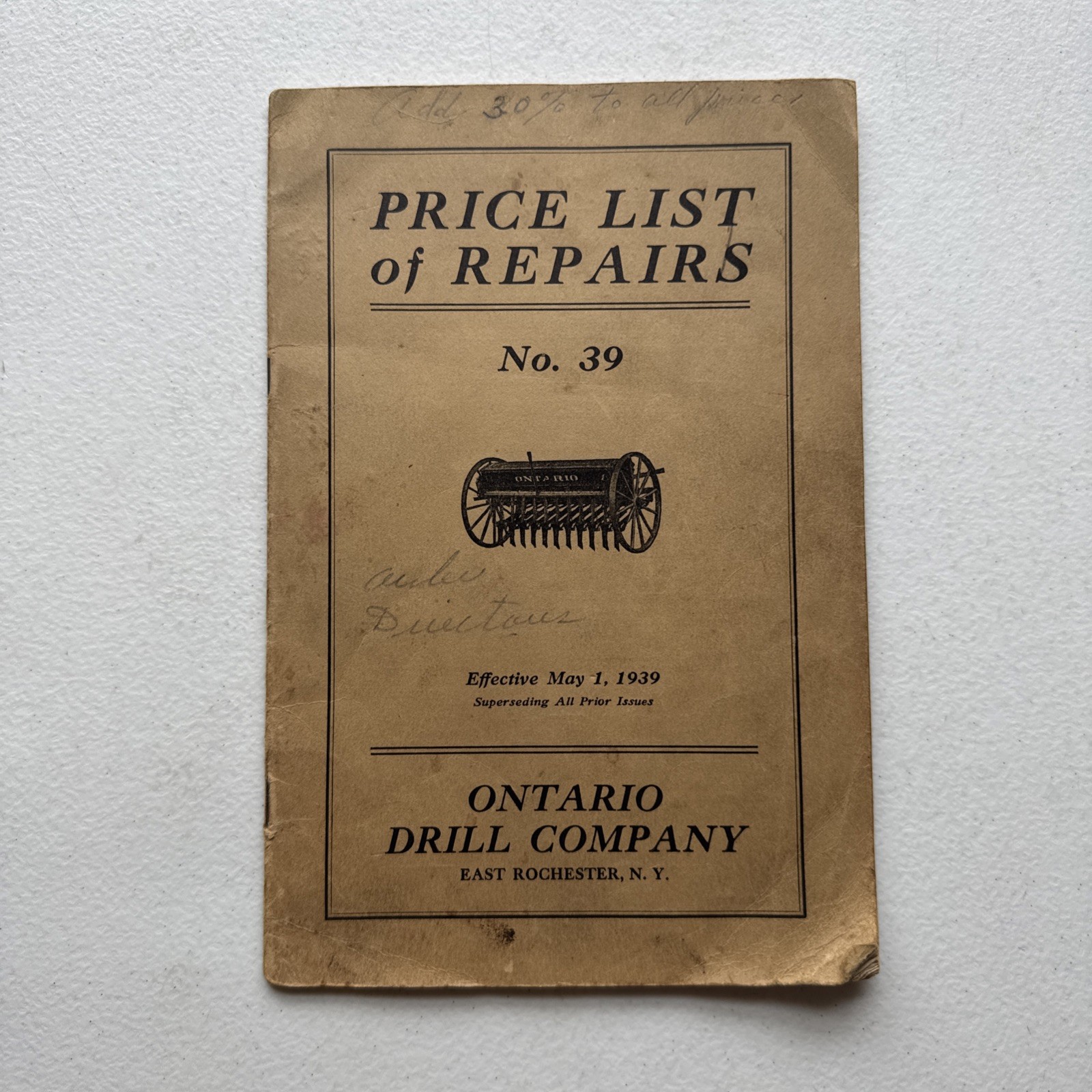 Ontario Drill Co. No. 39 Grain Drills Price List Of Repairs East Rochester, NY