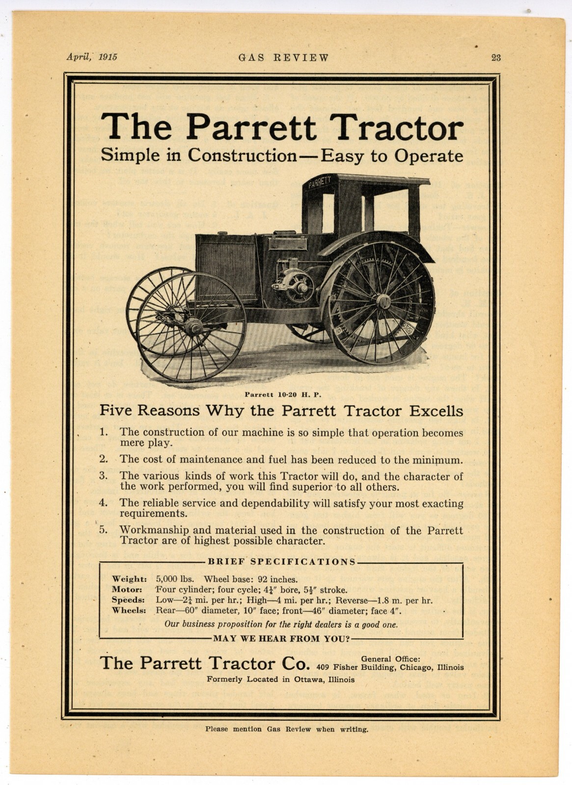 1915 Parrett Tractor Ad: 10-20 HP Model – w/ Specs – Chicago, Illinois