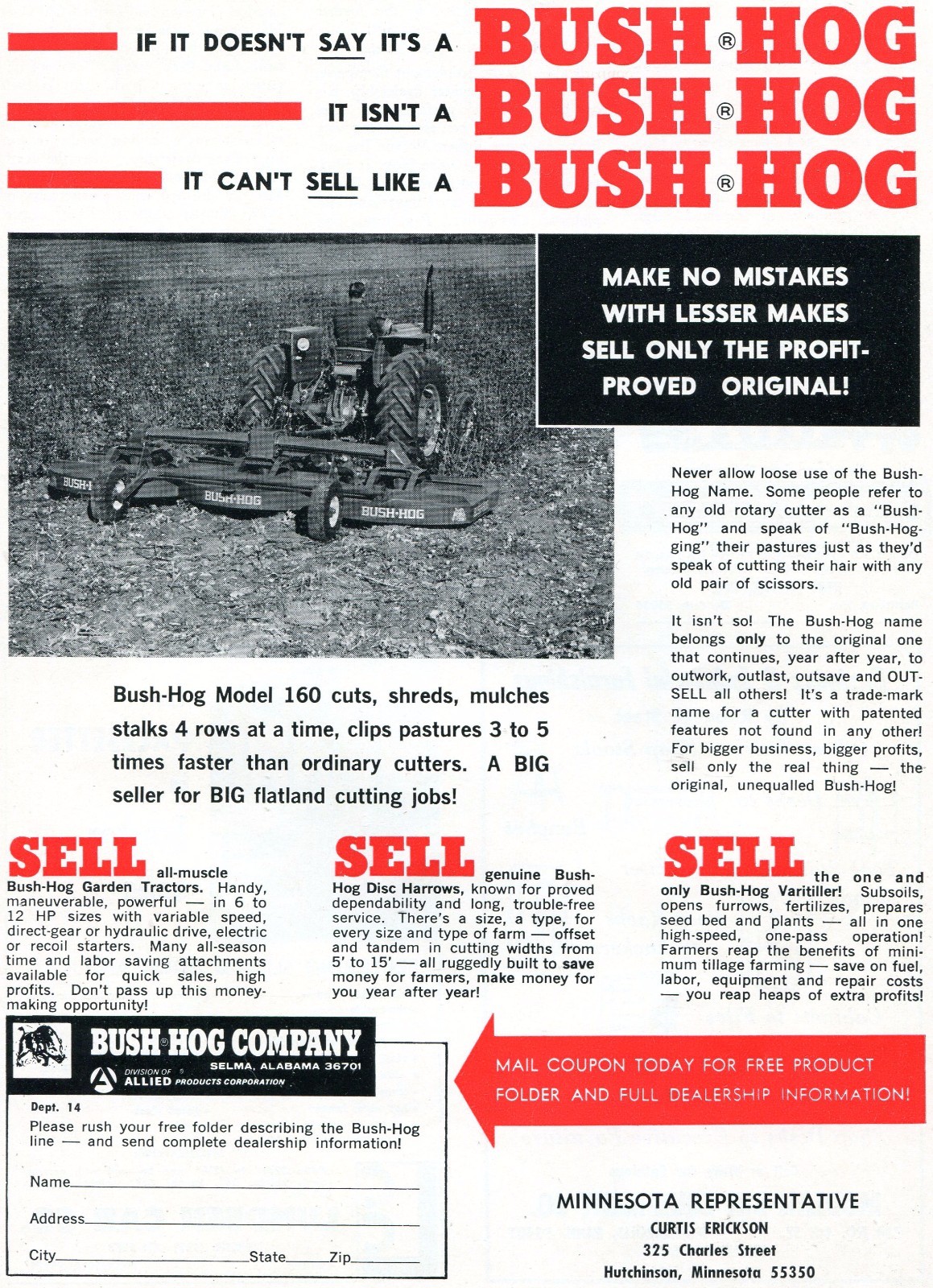 1968 Dealer Print Ad of Allied Bush Hog Company Model 160 Tractor Rotary Cutter