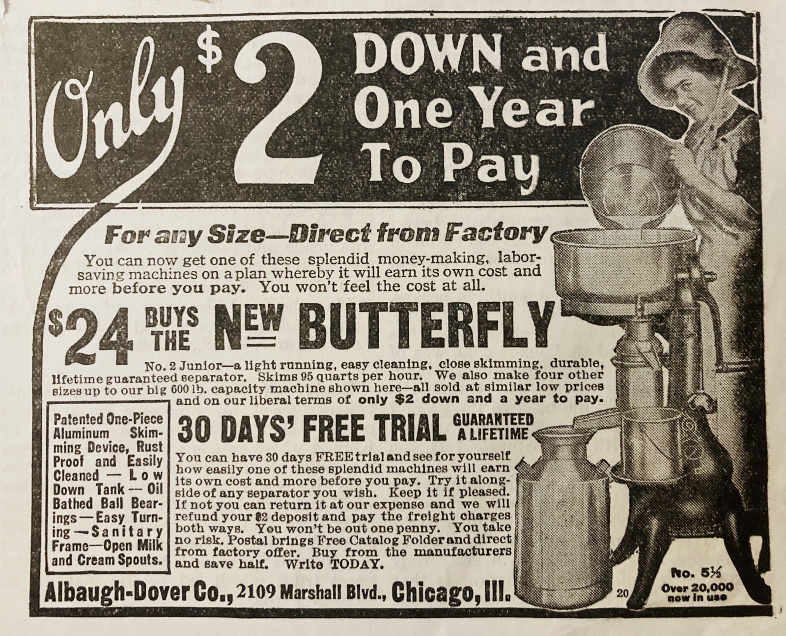 1916 AD.(XH72)~ALBAUGH-DOVER CO. MARSHALL BLVD. CHICAGO BUTTERFLY #2 SEPARATOR