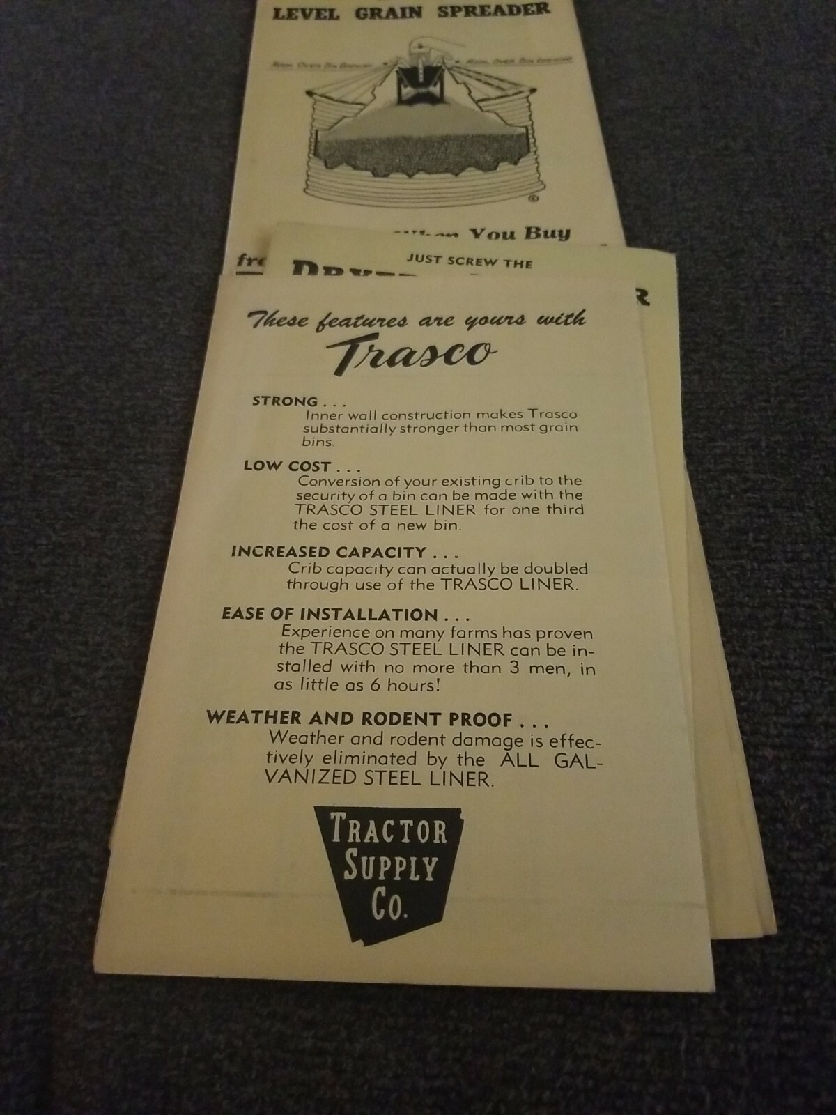 Trasco Grain Bin storage pamphlets. Lot of 4. 1950’s 1960’s. Tractor Supply. S1