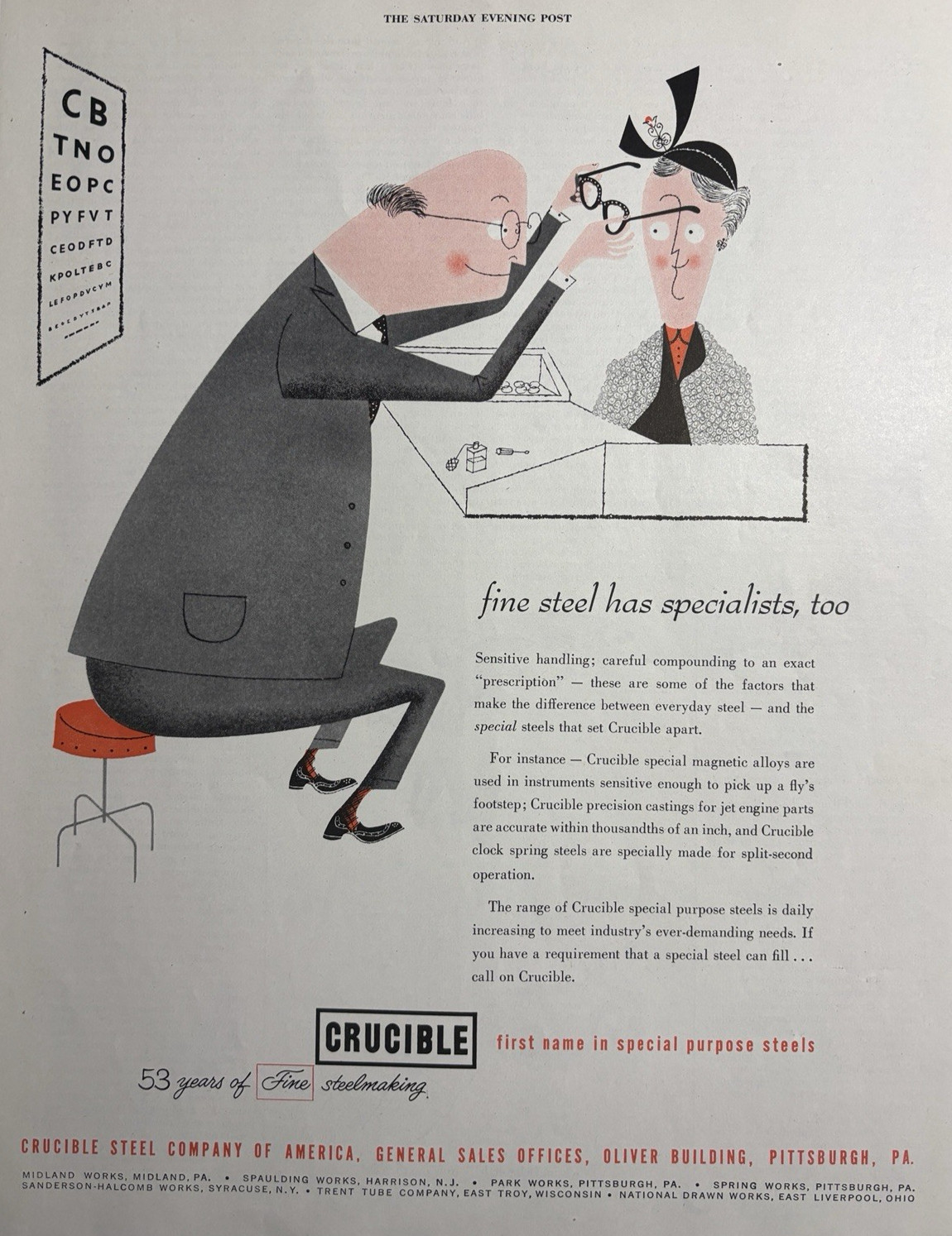 1953 Crucible Steel Co America Pittsburgh Glasses Alloys Metals VTG Print Ad
