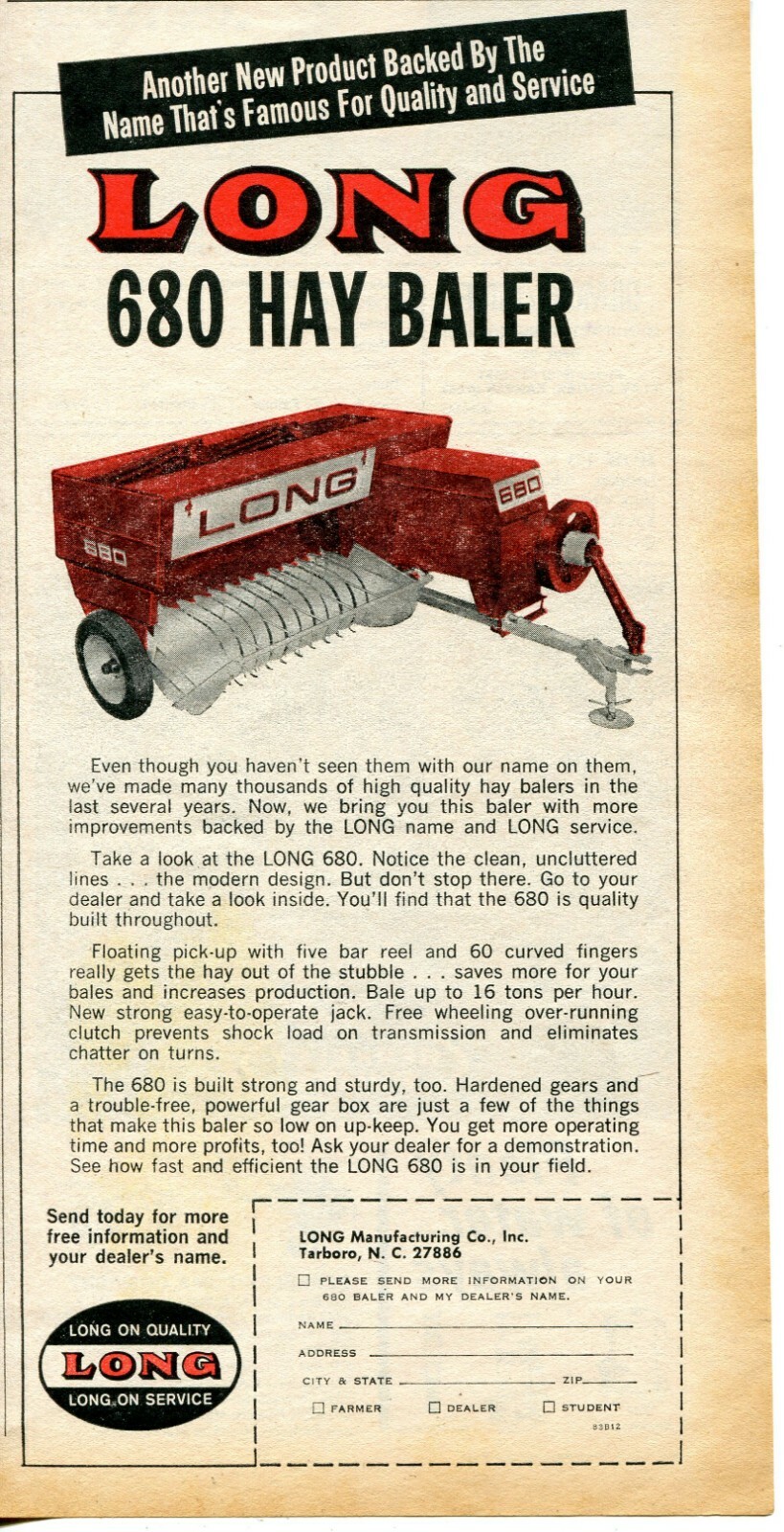1968 small Print Ad of Long 680 Tractor Hay Baler