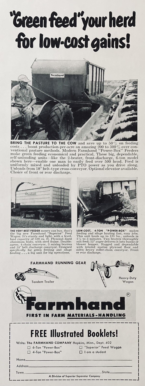 1955 AD.(XH47)~FARMHAND CO. HOPKINS, MINN. FARMHAND FARM MATERIAL HANDLING