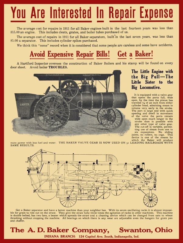 1912 A.D. Baker Steam Engine, Swanton, OhiO NEW Sign: 24×30″ USA STEEL XL Size