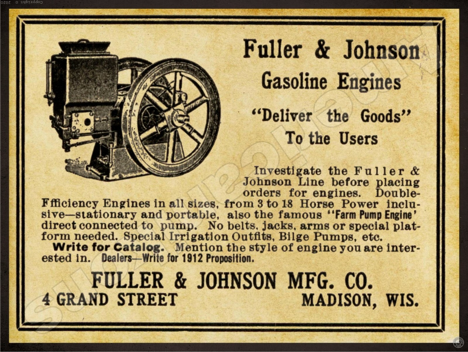 1912 Fuller & Johnson Gas Engines NEW Metal Sign 24″x30″ USA STEEL XL Size 7 lb
