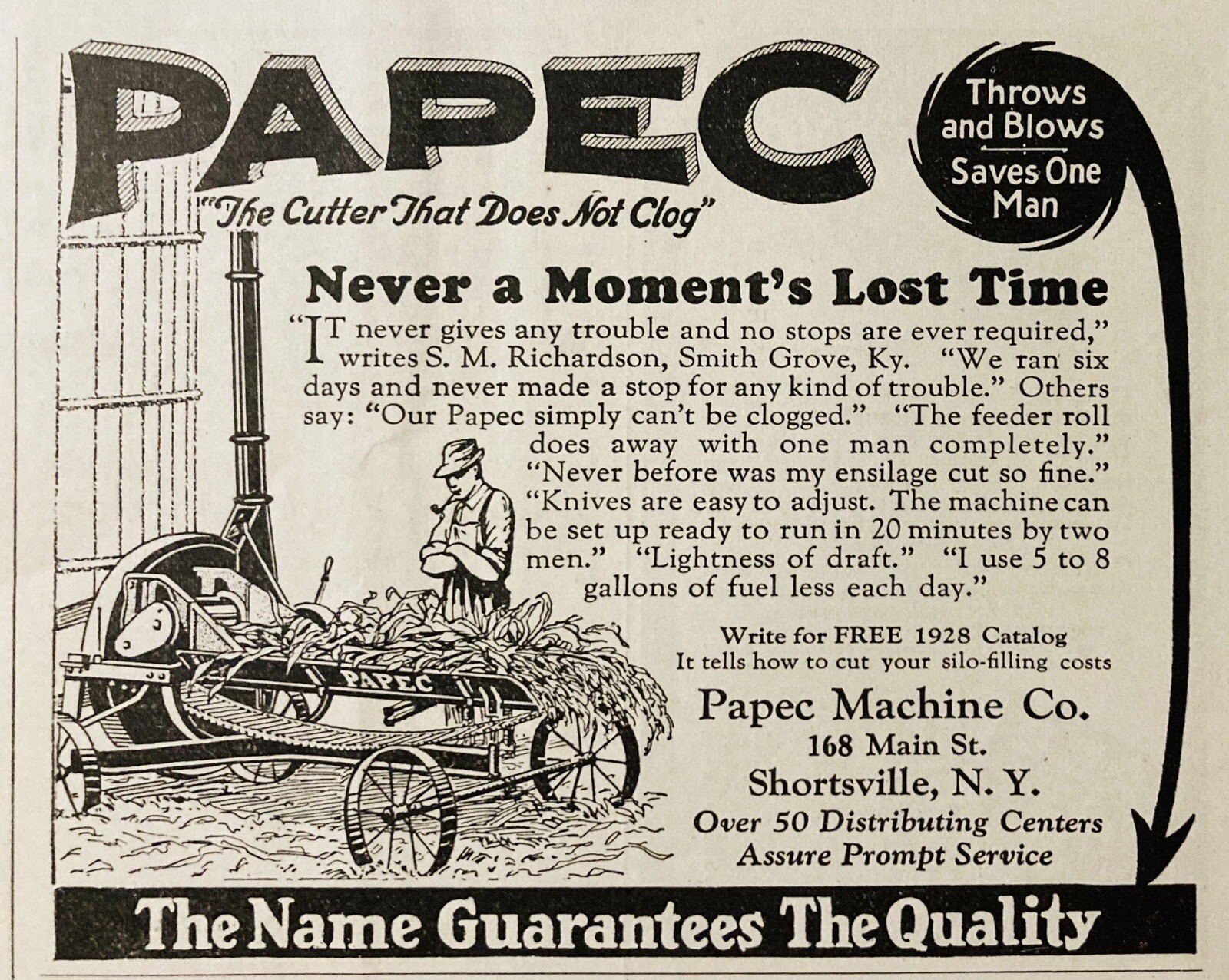 1928 AD.(XH72)~PAPEC MACHINE CO. SHORTSVILLE, NY. PAPEC ENSILAGE CUTTER