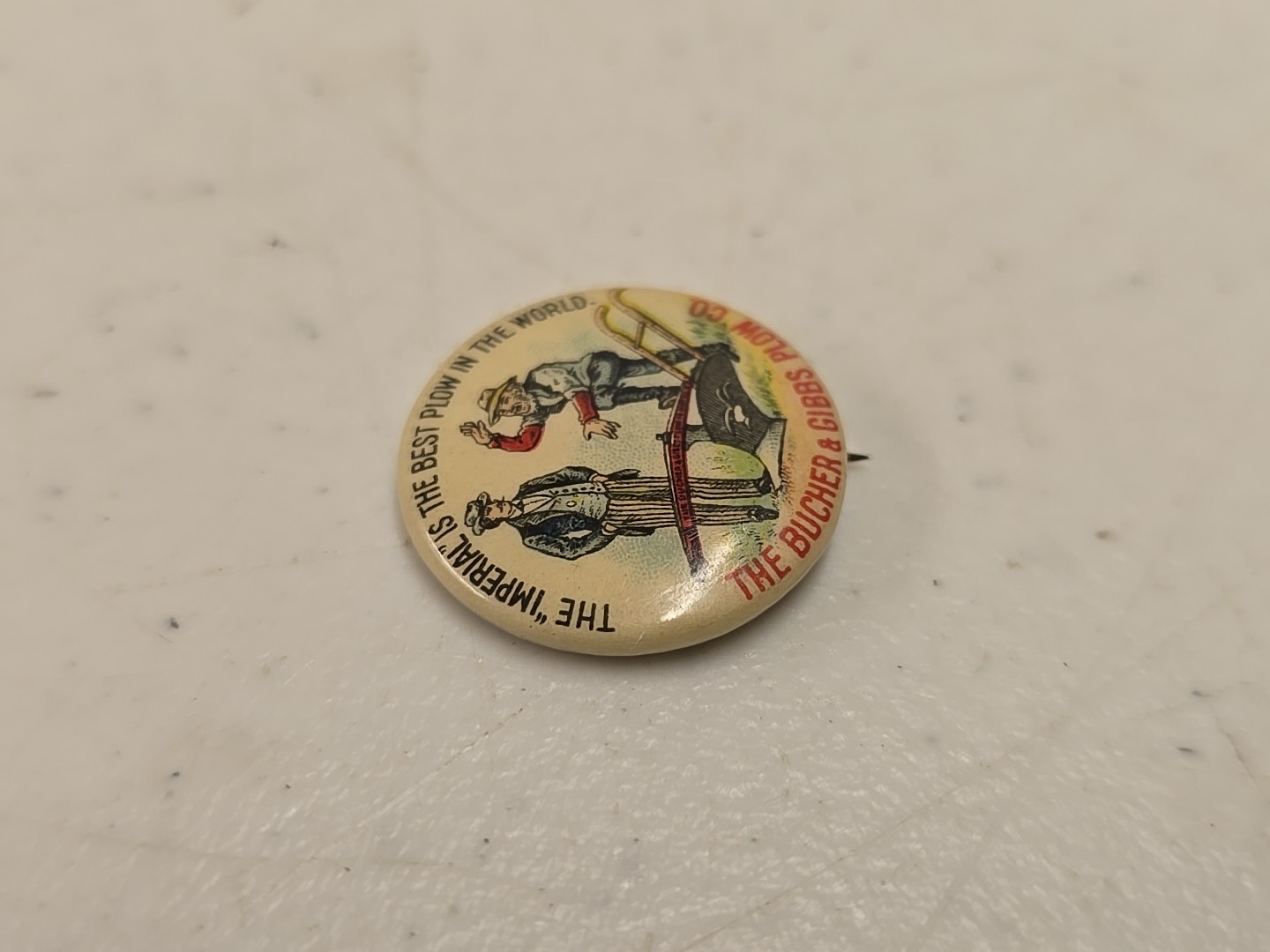 Antique 7/8″ Bucher & Gibbs Imperial Plow Advertising Celluloid Pinback