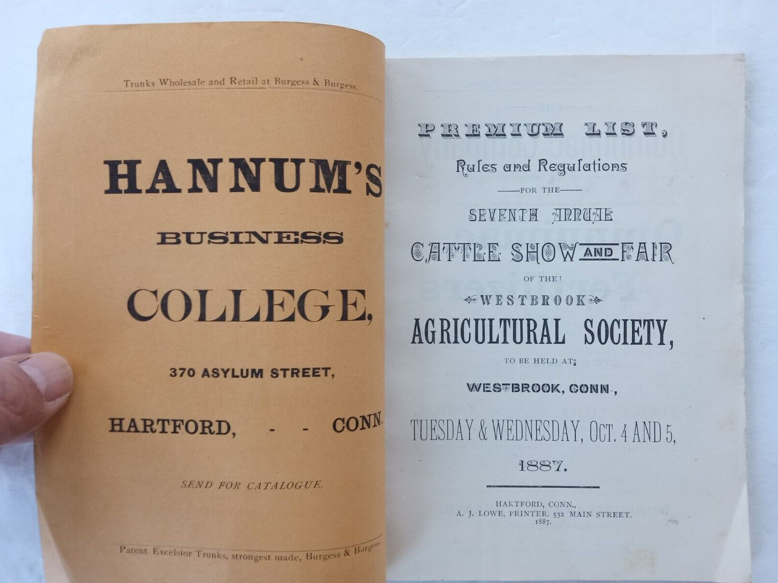 WESTBROOK CT Agricultural Society 1887 Cattle Show & Fair Program 7th Annual