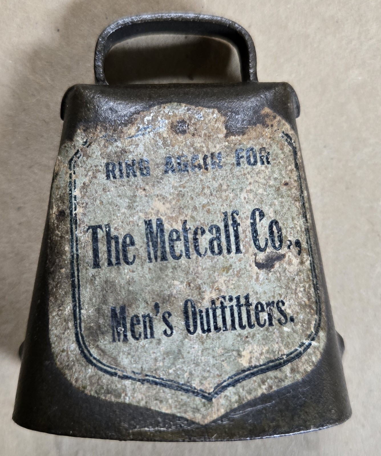 Rare Antique Advertising Miniature Cow Bell Metcalf Co Men’s Outfitters Decal