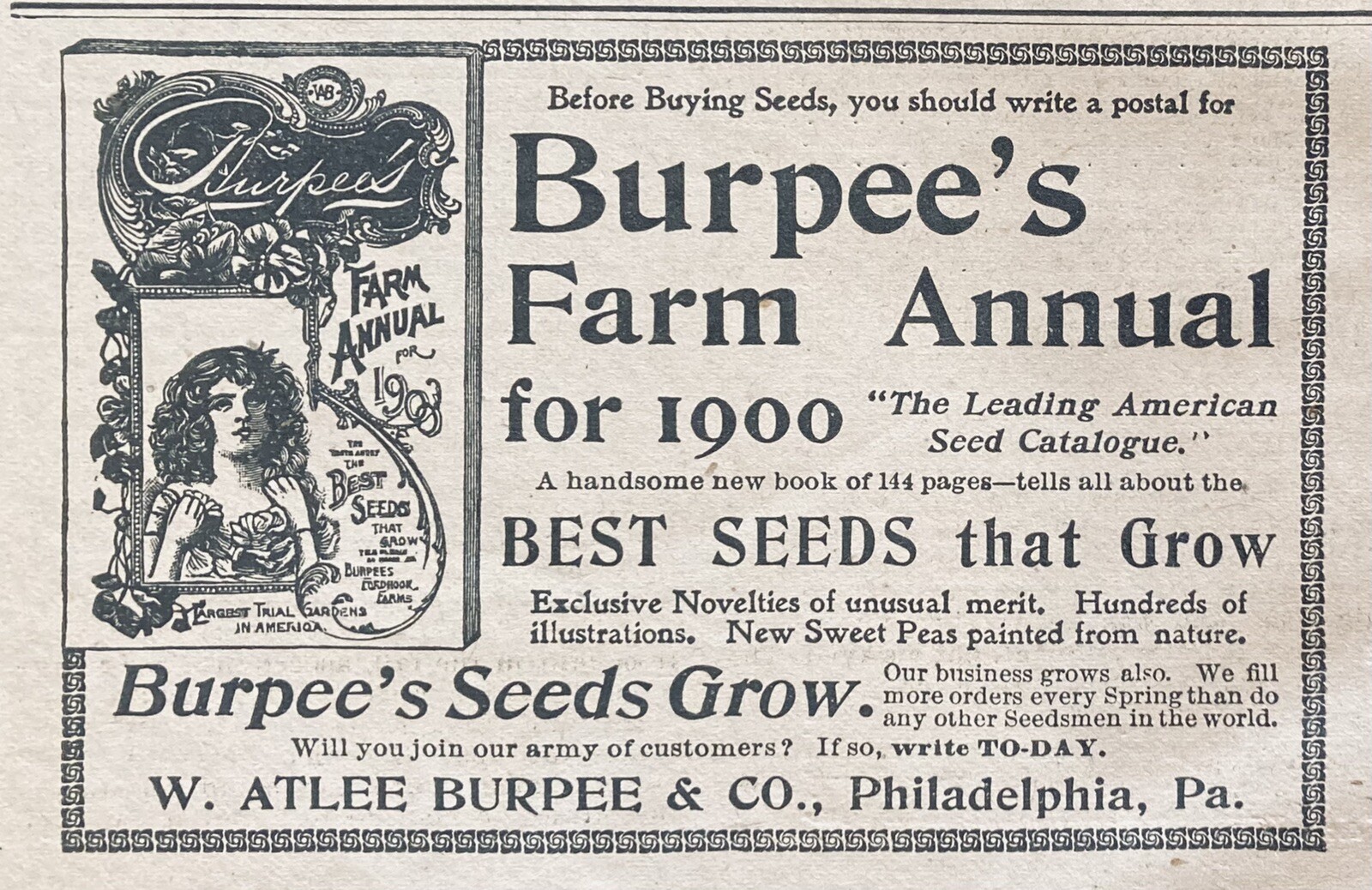 1900 AD.(XH35)~W.ATLEE BURPEE CO. PHIL., PA. BURPEE’S FARM ANNUAL AD.