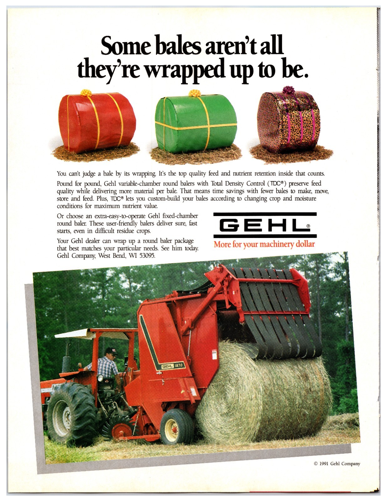 Original 1991 GEHL Round Balers Original Print Advertisement (8in x 11in)