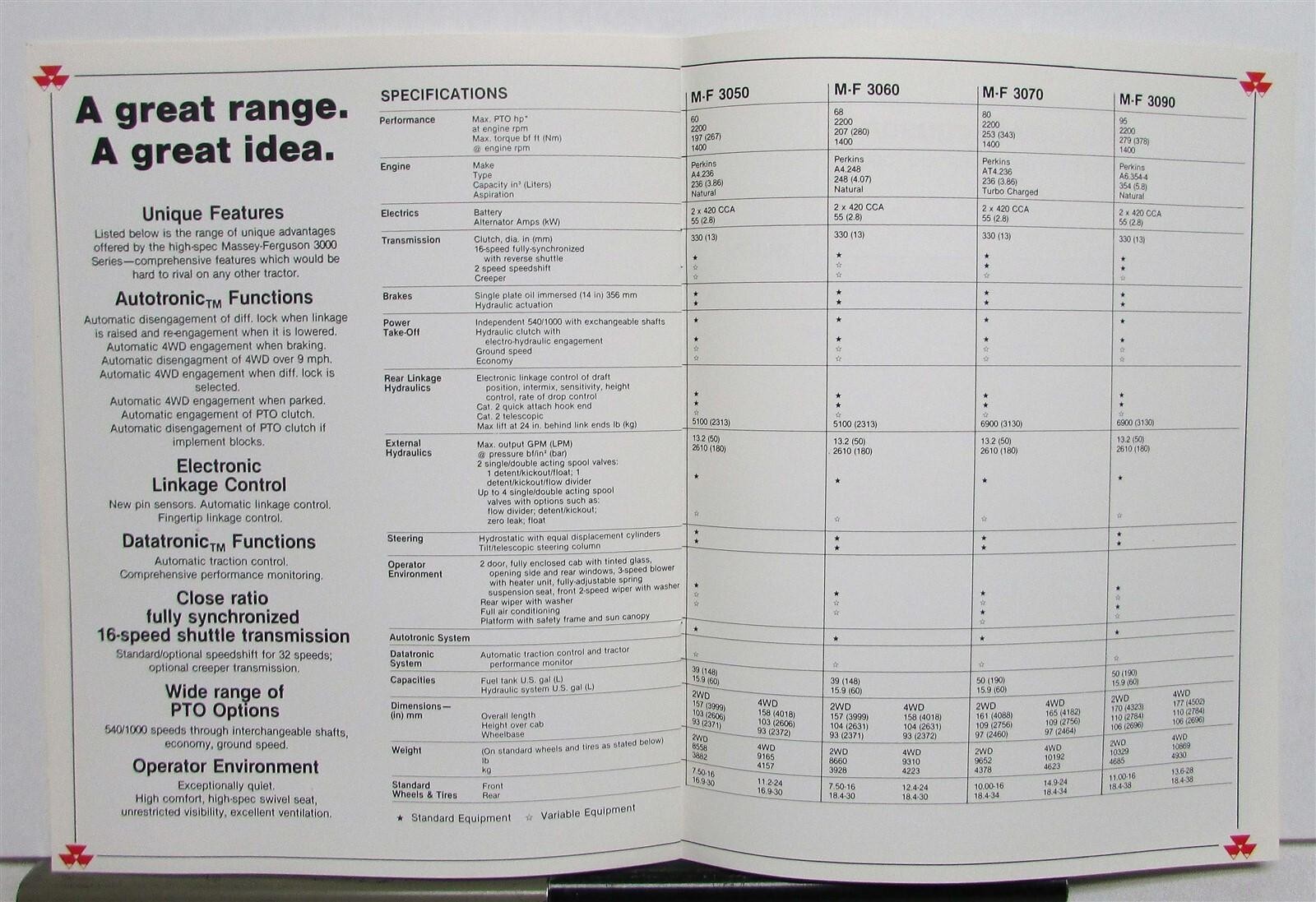 1987 Massey Ferguson 3000 Tractor Specs Agricultural Sales Brochure
