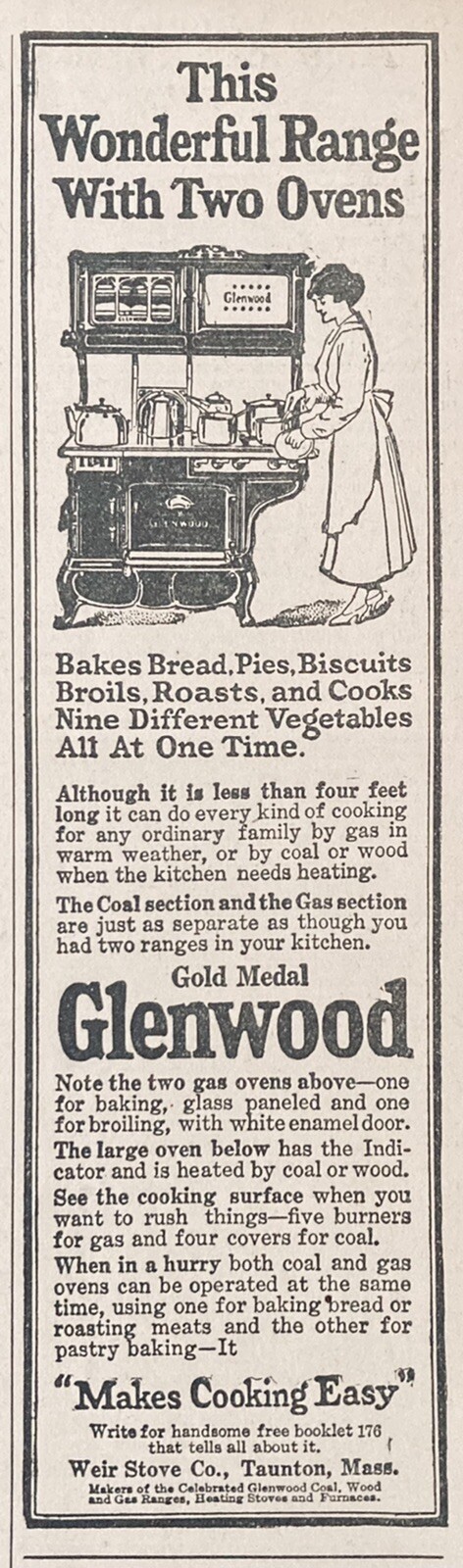 1919 AD.(XH16)~WEIR STOVE CO. TAUNTON, MASS. GOLD MEDAL GLENWOOD STOVE