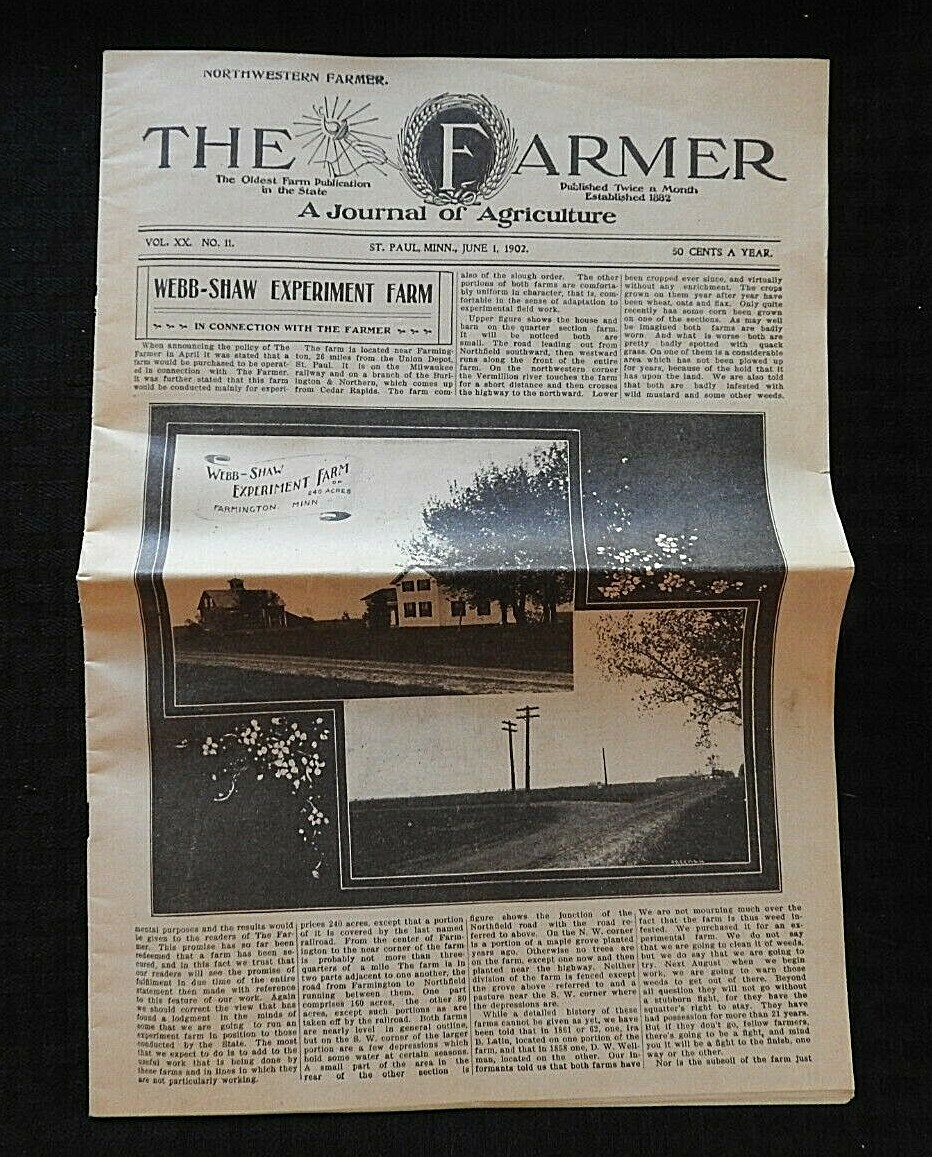 1902 “The Farmer” Webb-Shaw Farm Experiment St. Paul MN Agricultural Newspaper
