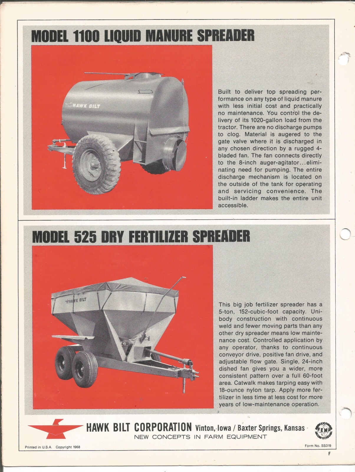 Original OE Hawk Bilt Sidekick Manure Spreaders Sales Brochure Form Number SS319