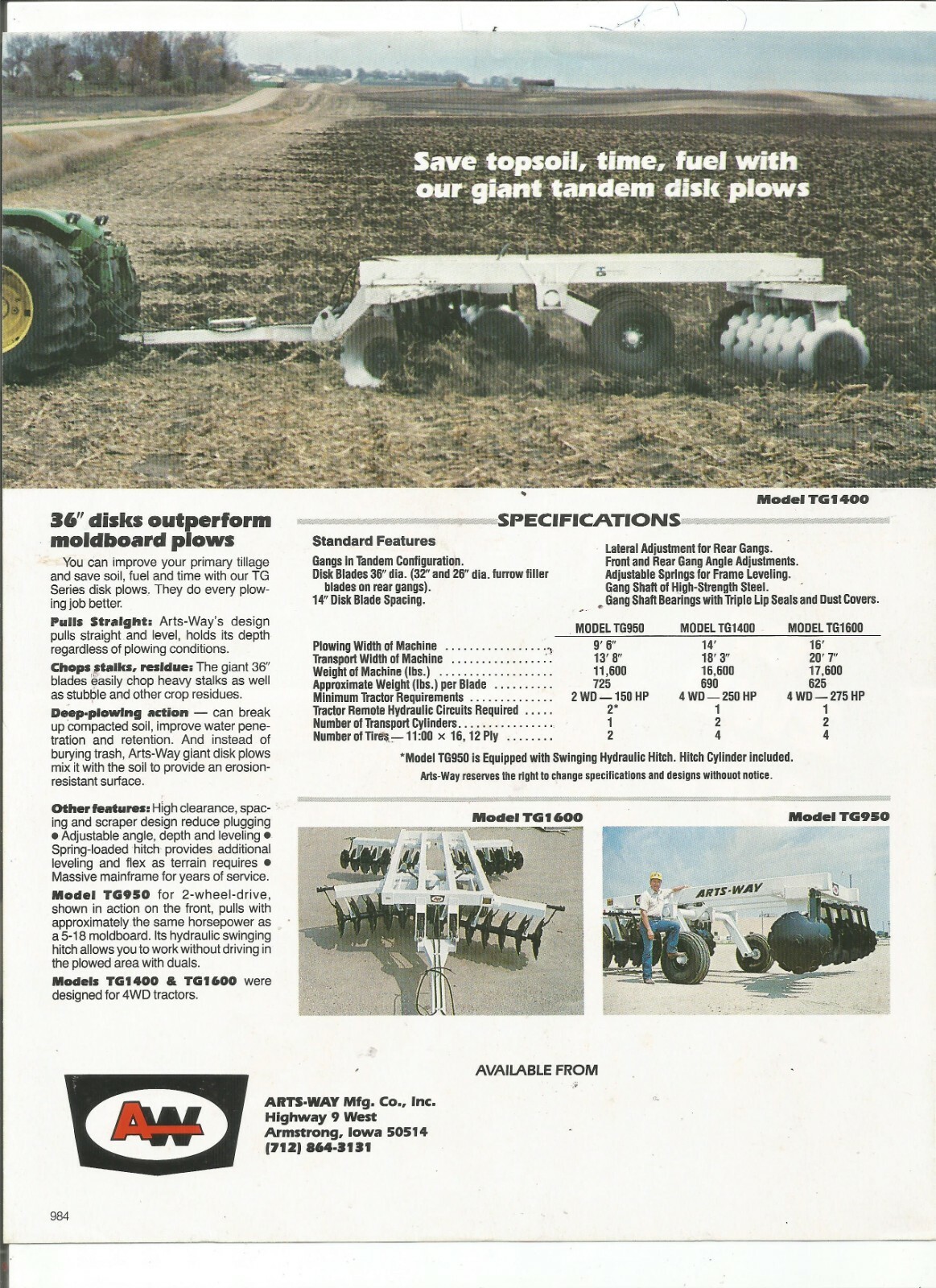 Original Arts-Way TG Series TG950 TG1400 TG1600 Disk Plows Sales Brochure # 984