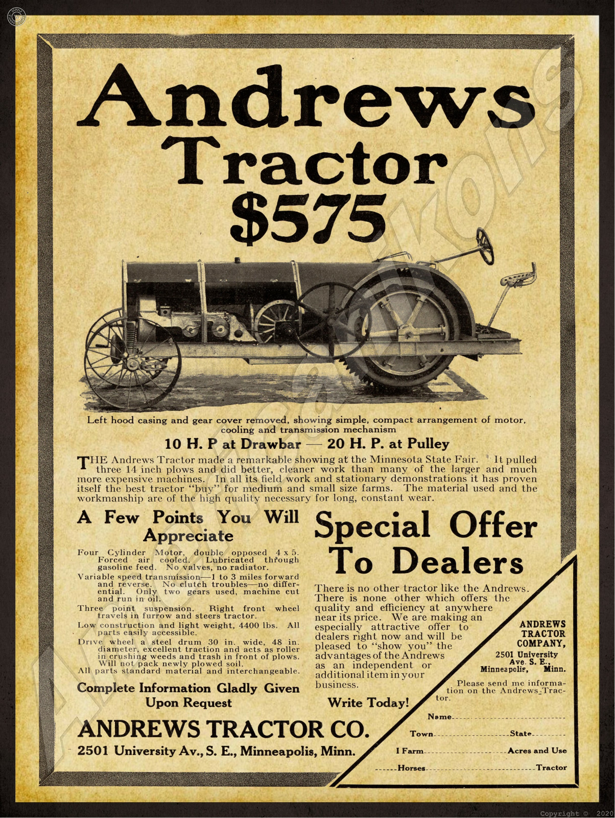 1915 Andrews Tractor New Metal Sign: Minneapolis, Minnesota – University Ave. SE