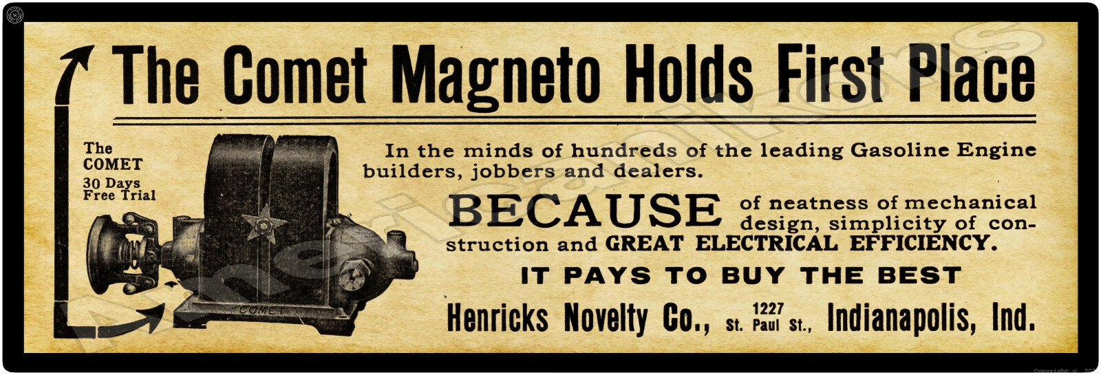 1912 Henricks Novelty Company Metal Sign: The Comet Magneto – Indianapolis, IN