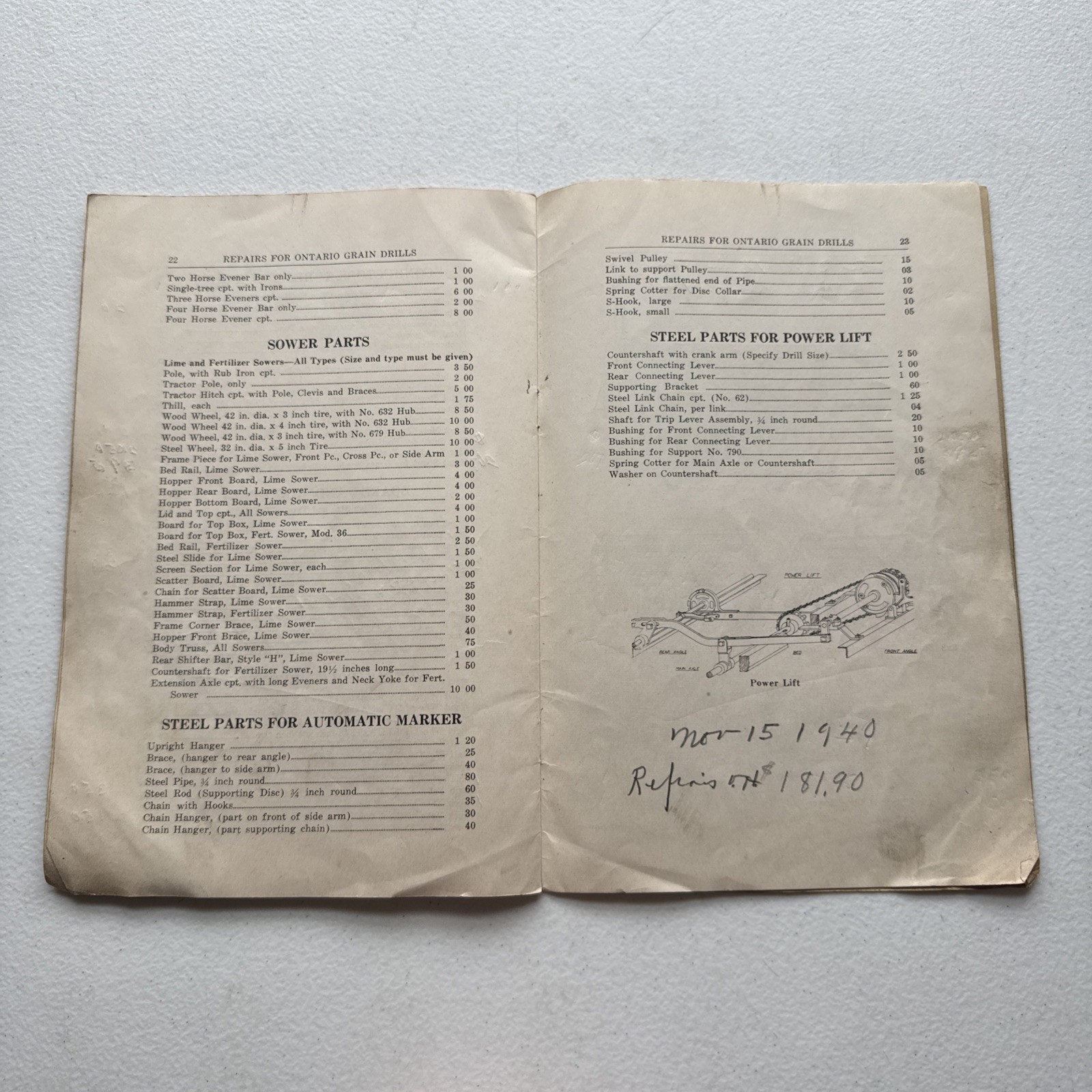 Ontario Drill Co. No. 39 Grain Drills Price List Of Repairs East Rochester, NY