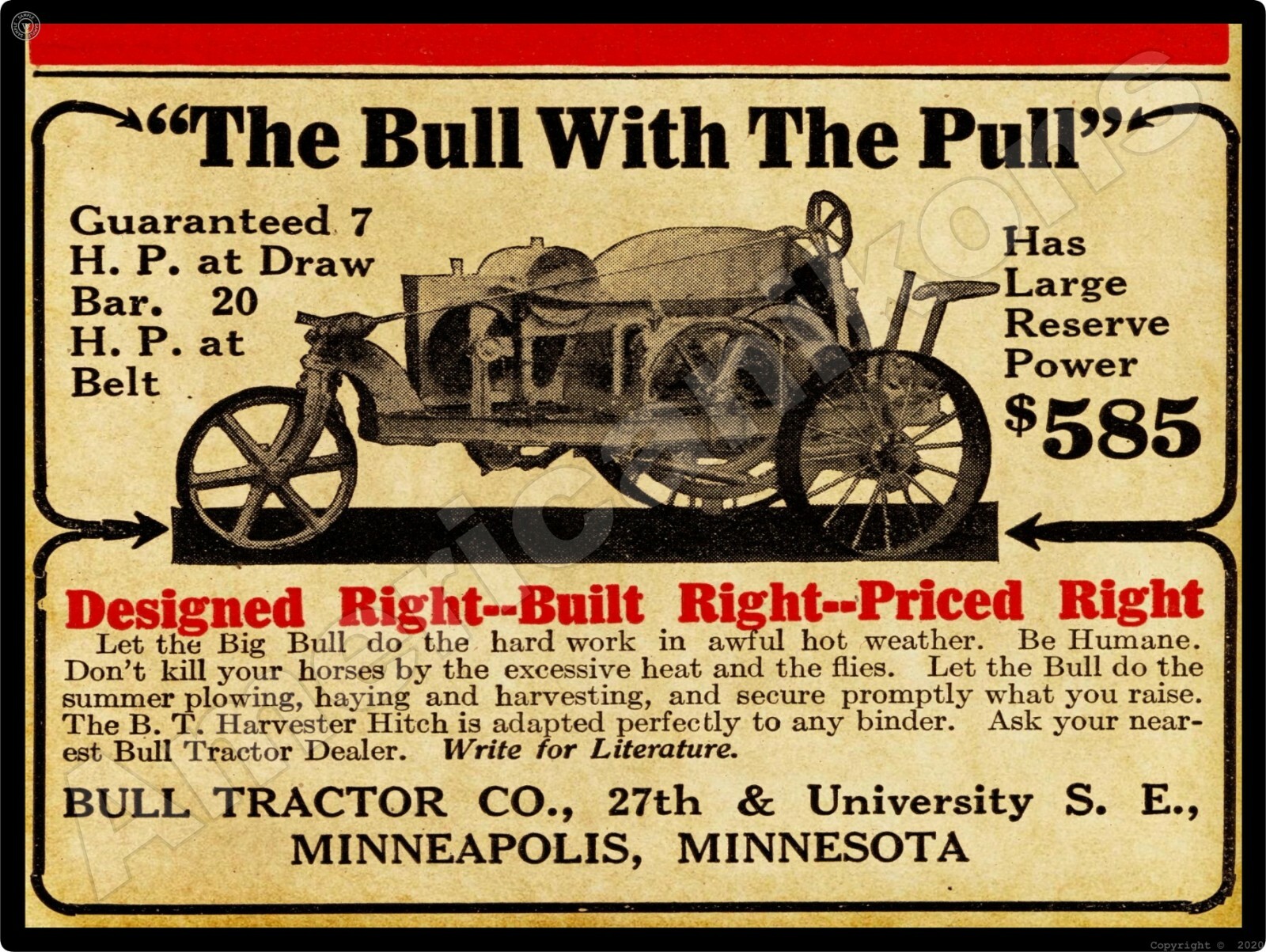 1915 Bull Tractor Co. NEW Metal Sign – 24″ x 30″ USA STEEL XL Size – 7 lbs!