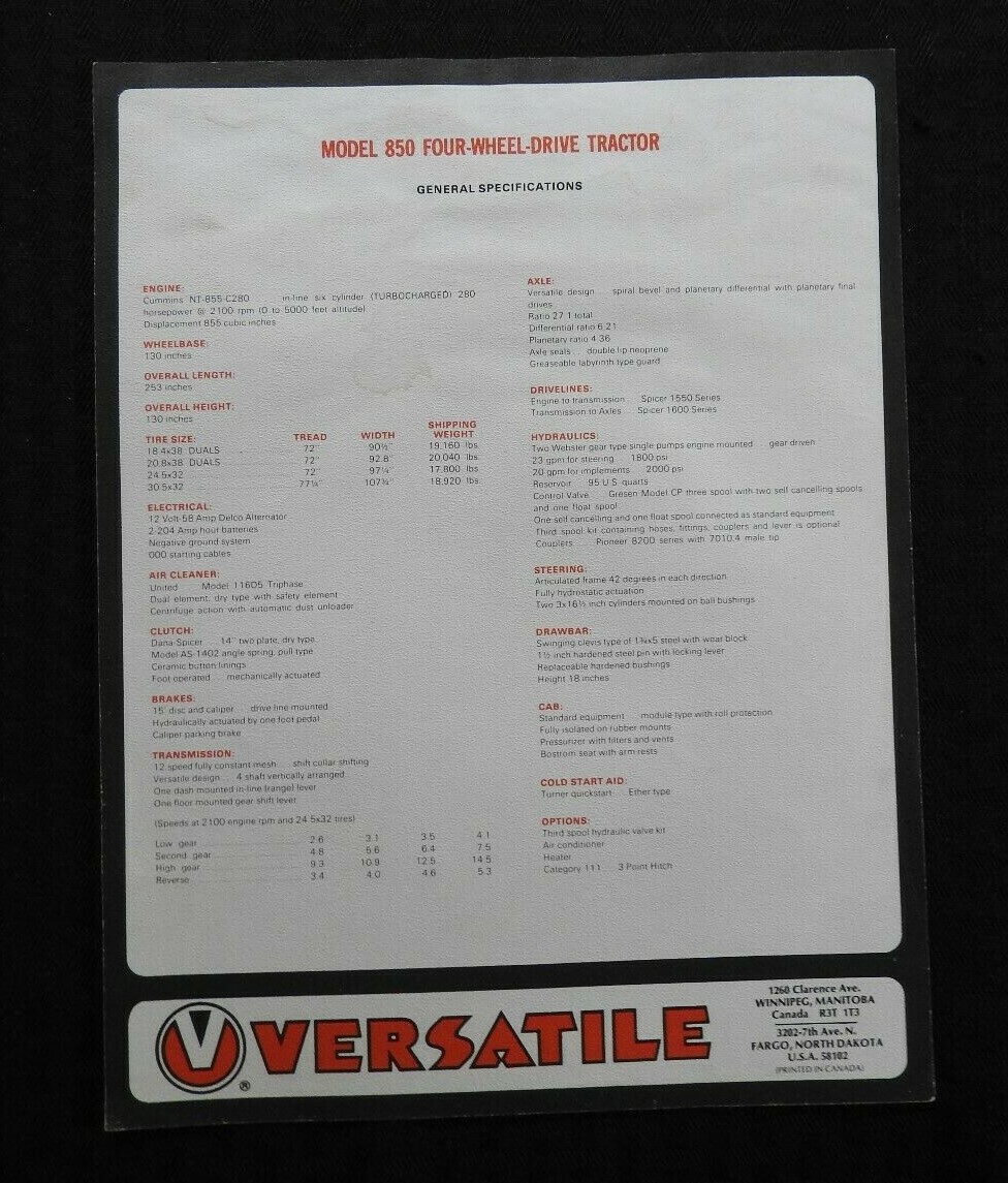1973-1977 VERSATILE “850 4WD 280hp TRACTOR” SPECIFICATIONS SALES BROCHURE NICE