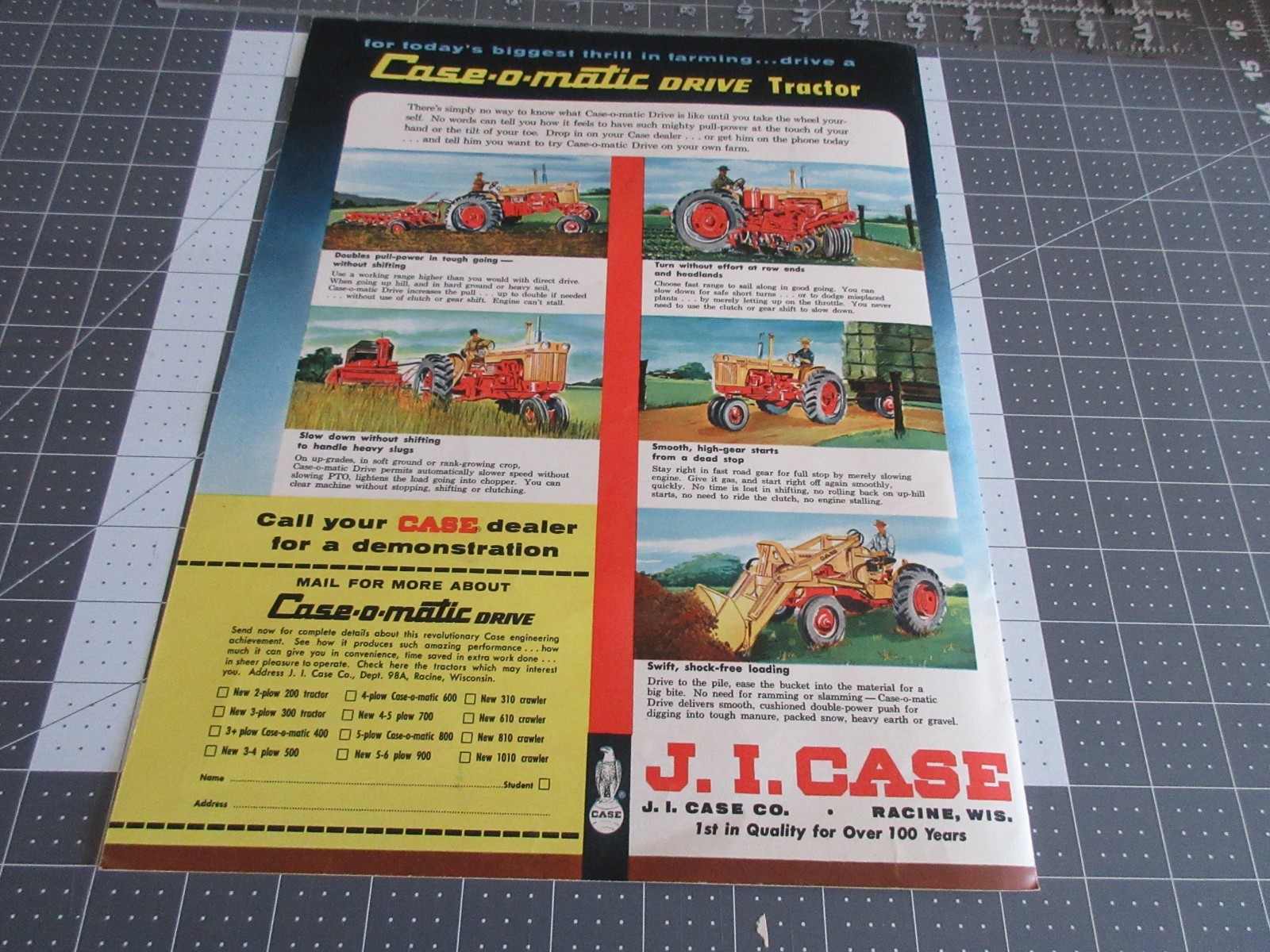 1958 Double-Sided Full Color Case-O-Matic Doubles Pull-Power Case 800 Print Ad🚜
