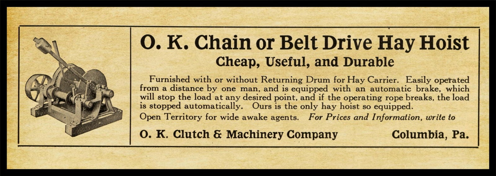 1916 OK Clutch & Machinery Co. Hay Hoist, Columbia, PA New Metal Sign: 6″ x 18″