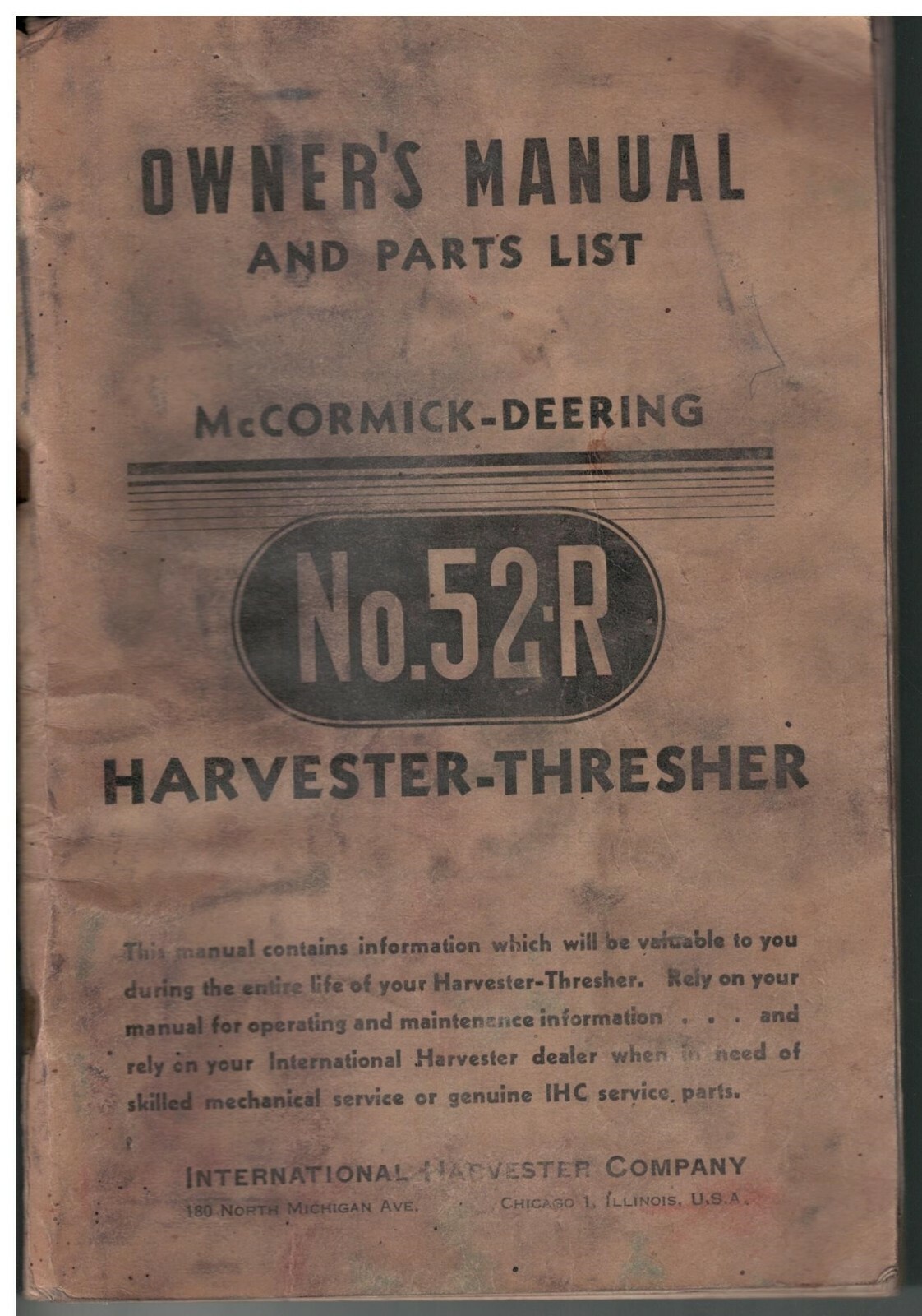 1940s McCormick Deering Harvester-Thresher No. 52R Owner’s Manual