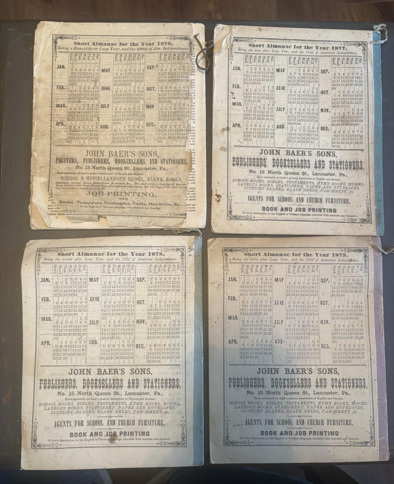 Lot Of 4 John Baer’s Agricultural Almanac Lancaster, PA Antique! 1876-1879